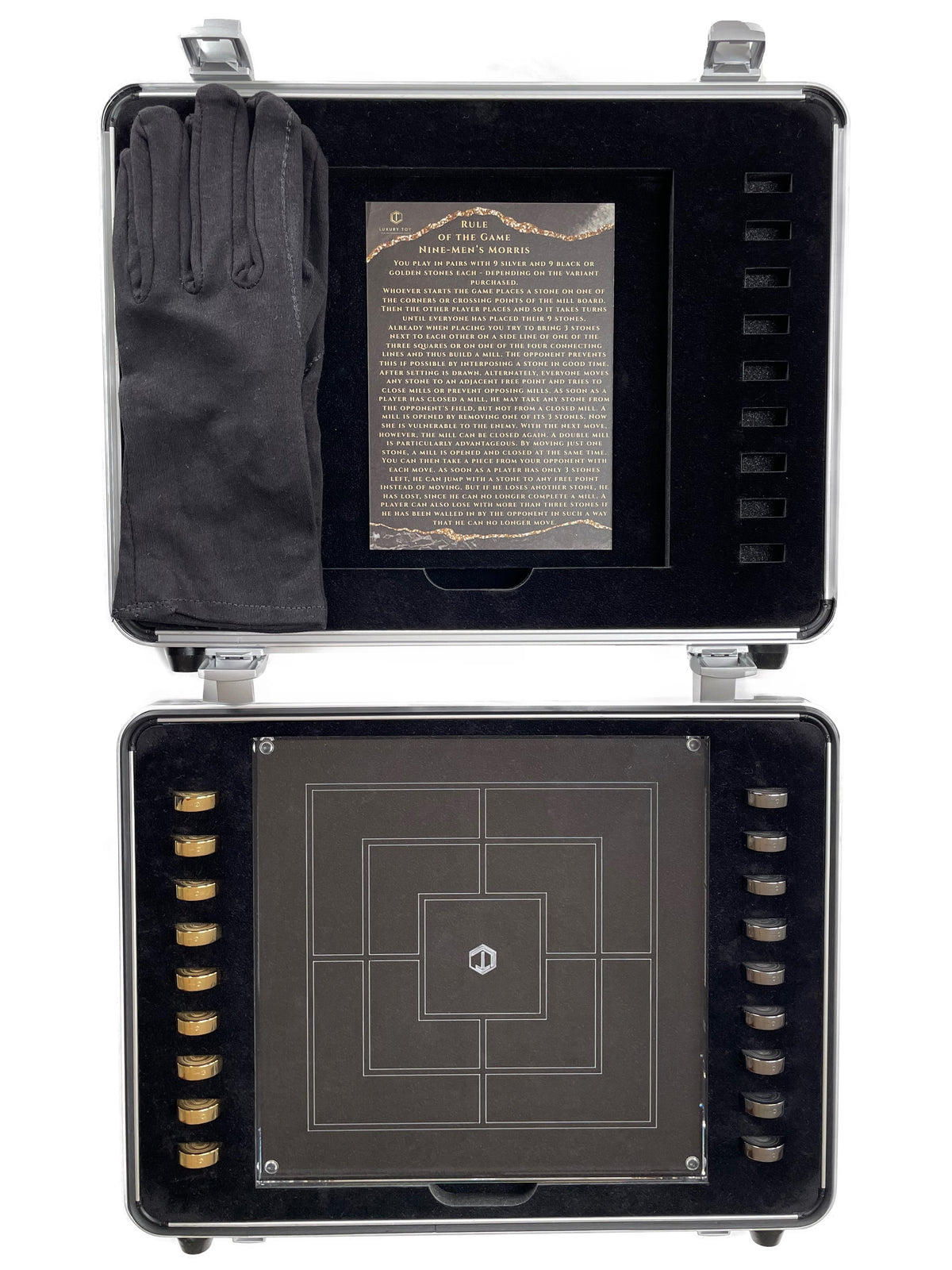 Board Game Nine Men´s Morris in Silver Pieces in Black and Gold - Brettspiel Mühle aus Silber Spielsteine in Schwarz und Gold