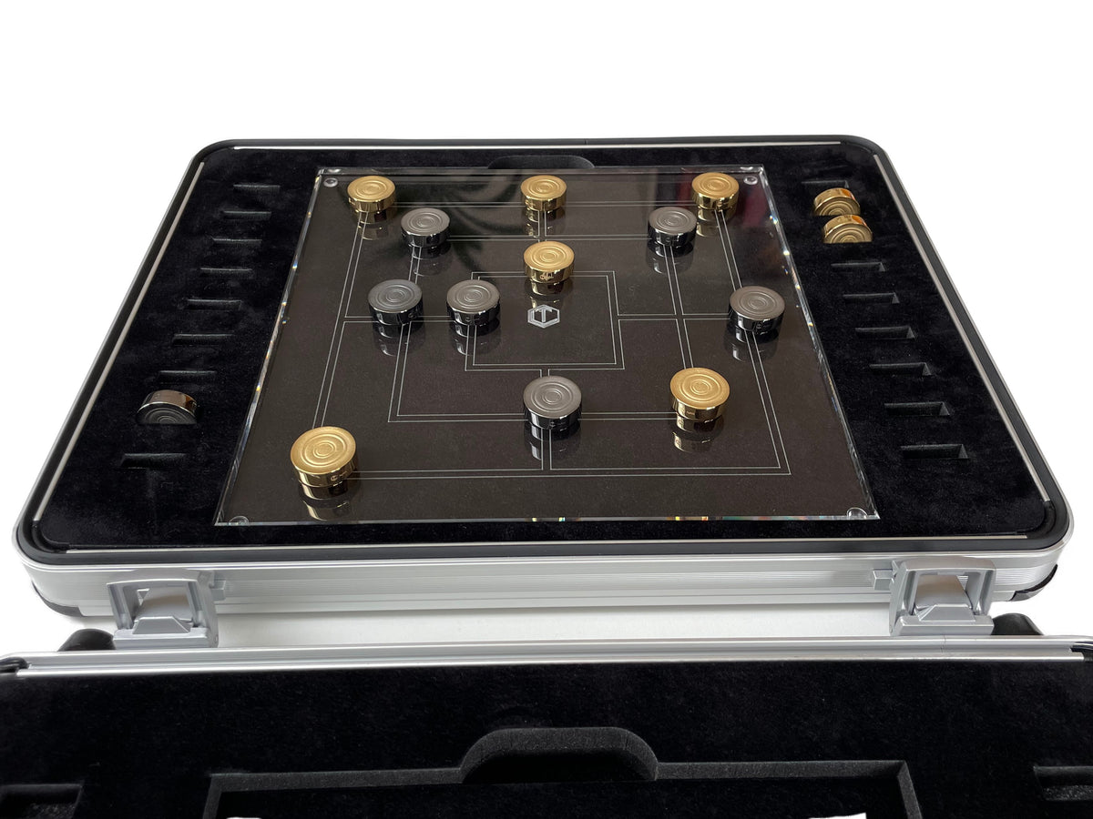 Board Game Nine Men´s Morris in Silver Pieces in Black and gold Acrylic board play situation - Mühlespiel Gold Silber Schwarz Spielsituation