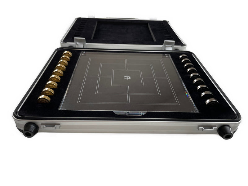 Board Game Nine Men´s Morris in Silver Pieces in Black and gold Acrylic board in case front - Mühlespiel Silber Schwarz Gold im Koffer