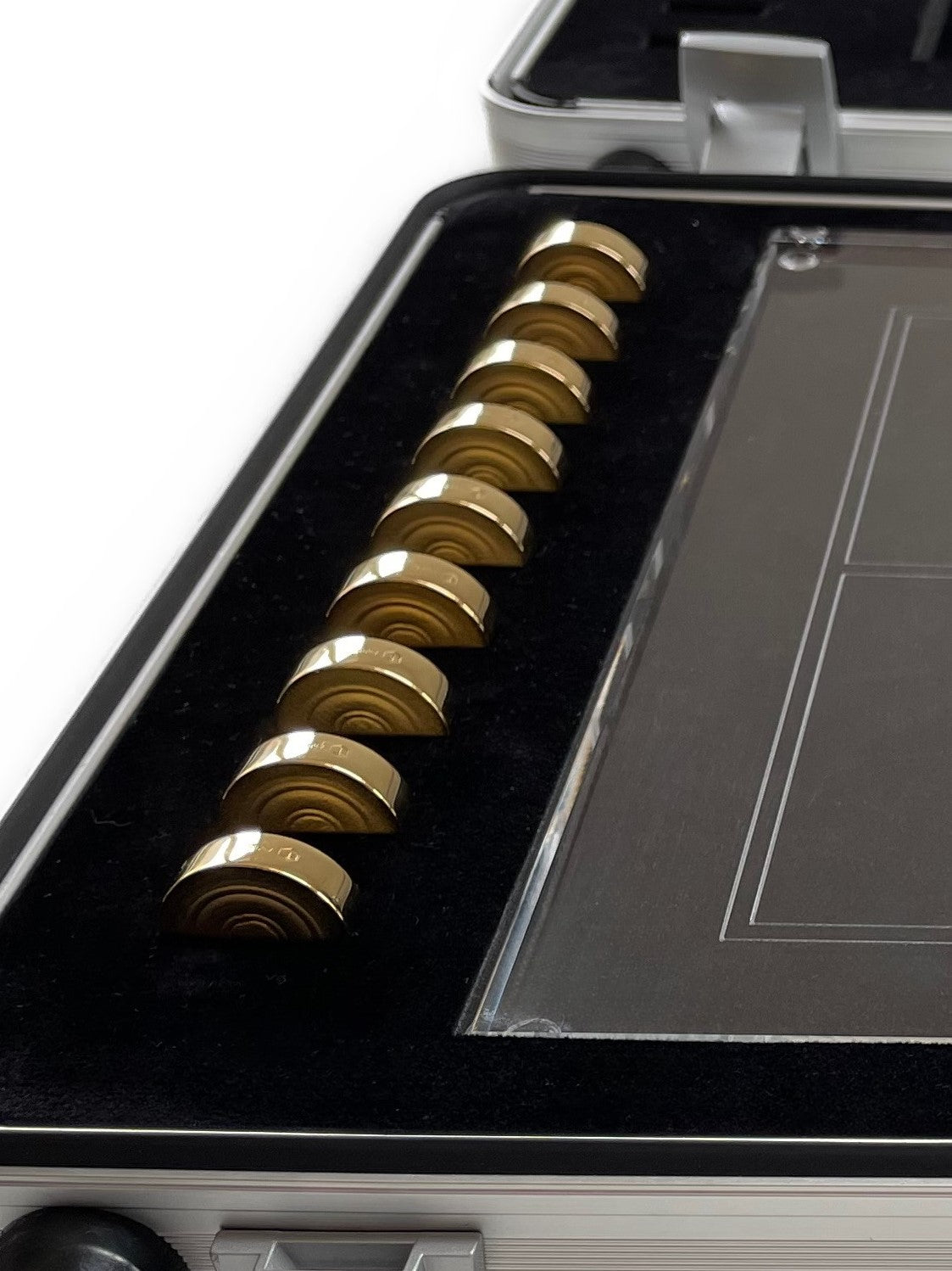 Board Game Nine Men´s Morris in Silver Pieces in Black and gold Acrylic board left - Mühlespiel in Silber Schwarz Gold linke Ansicht