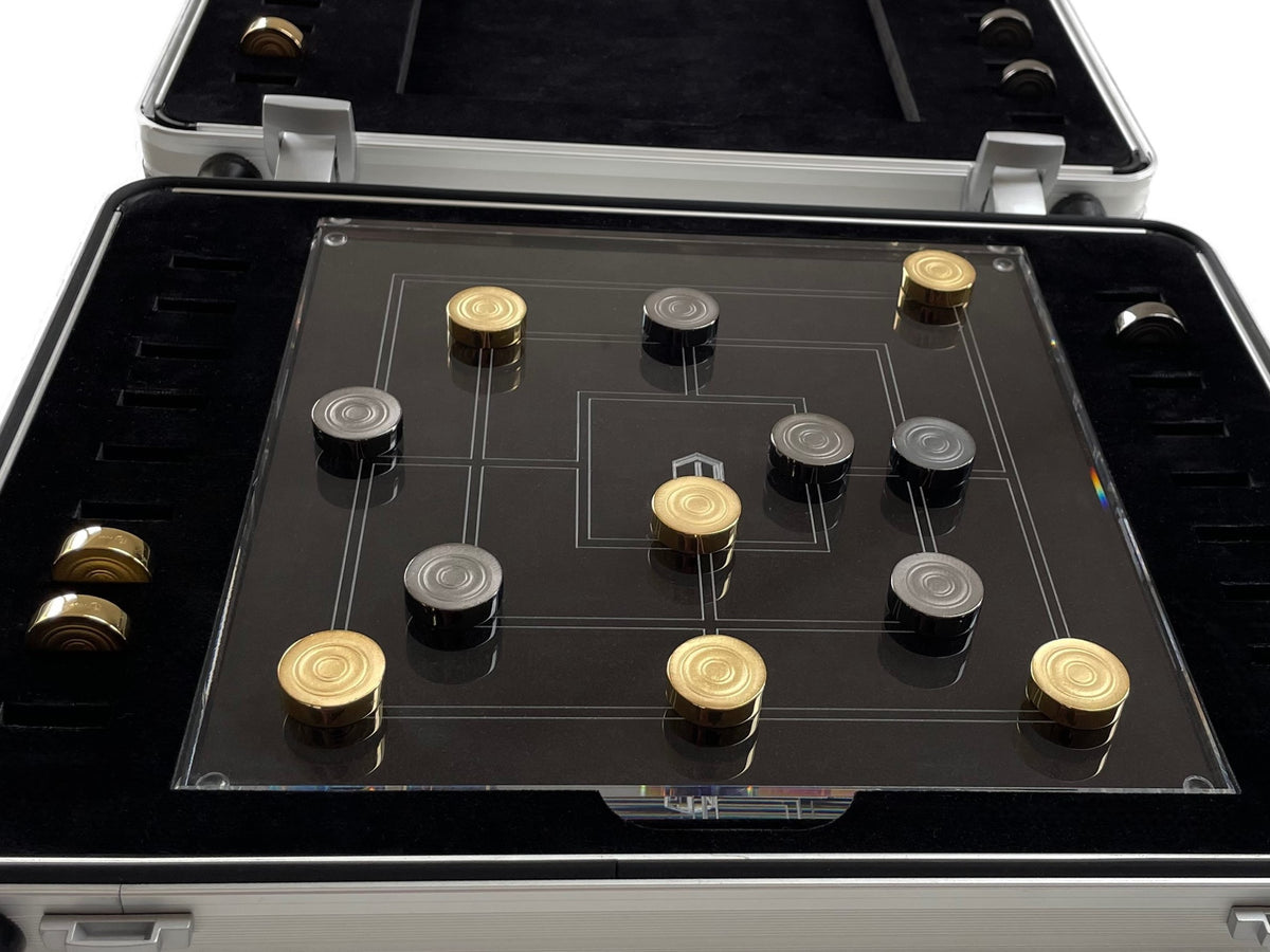 Board Game Nine Men´s Morris in Silver Pieces in Black and gold Acrylic board play situation - Mühlespiel Gold Silber Schwarz Spielsituation