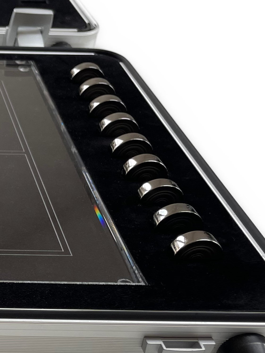 Board Game Nine Men´s Morris in Silver Pieces in Black and gold Acrylic board left - Mühlespiel Silber Gold Schwarz rechte Ansicht