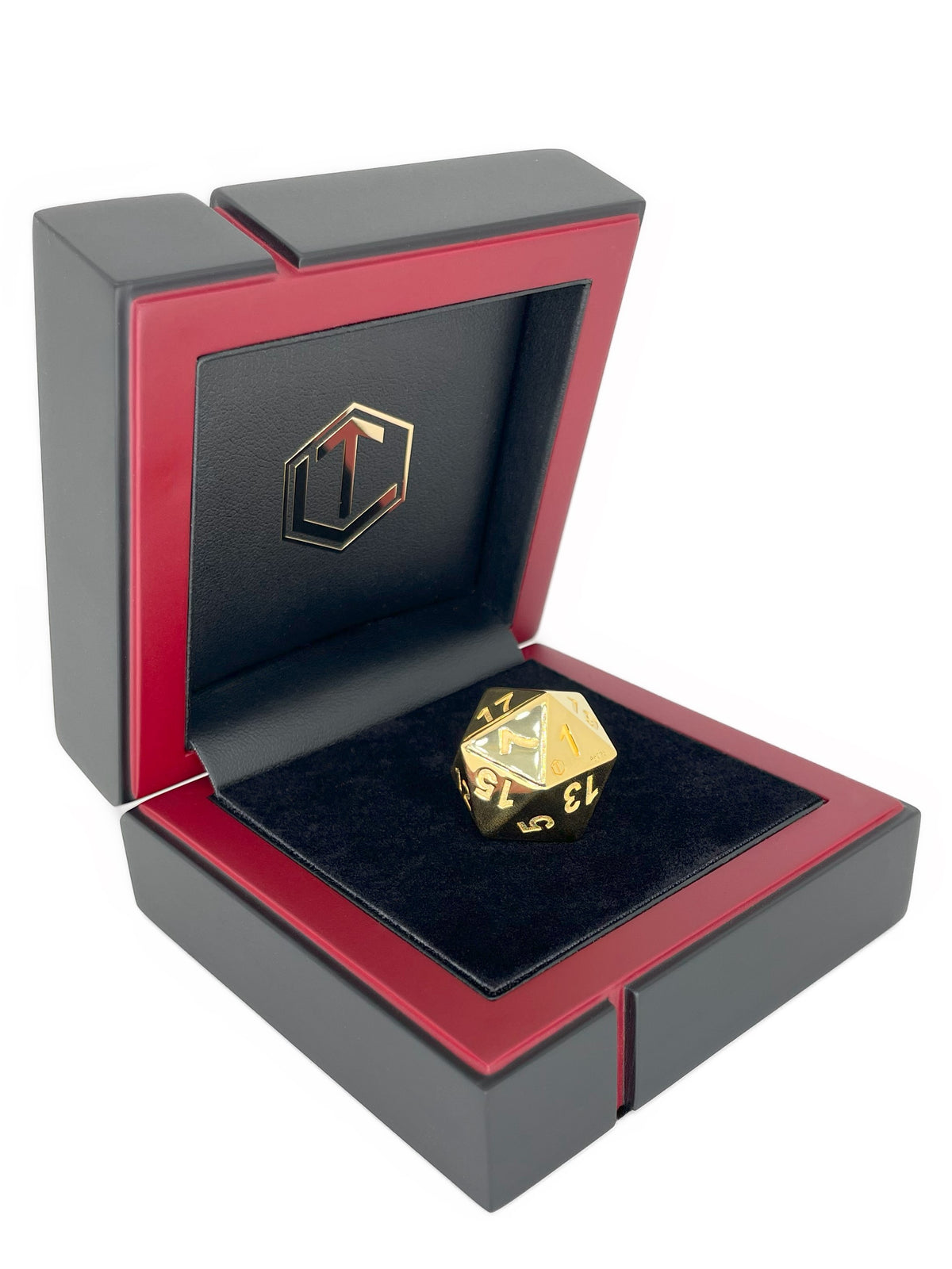 D20 Dice Sterling Silver 18-karat gold-plated in case right - D20 Würfel 18 Karat vergoldet im Etui