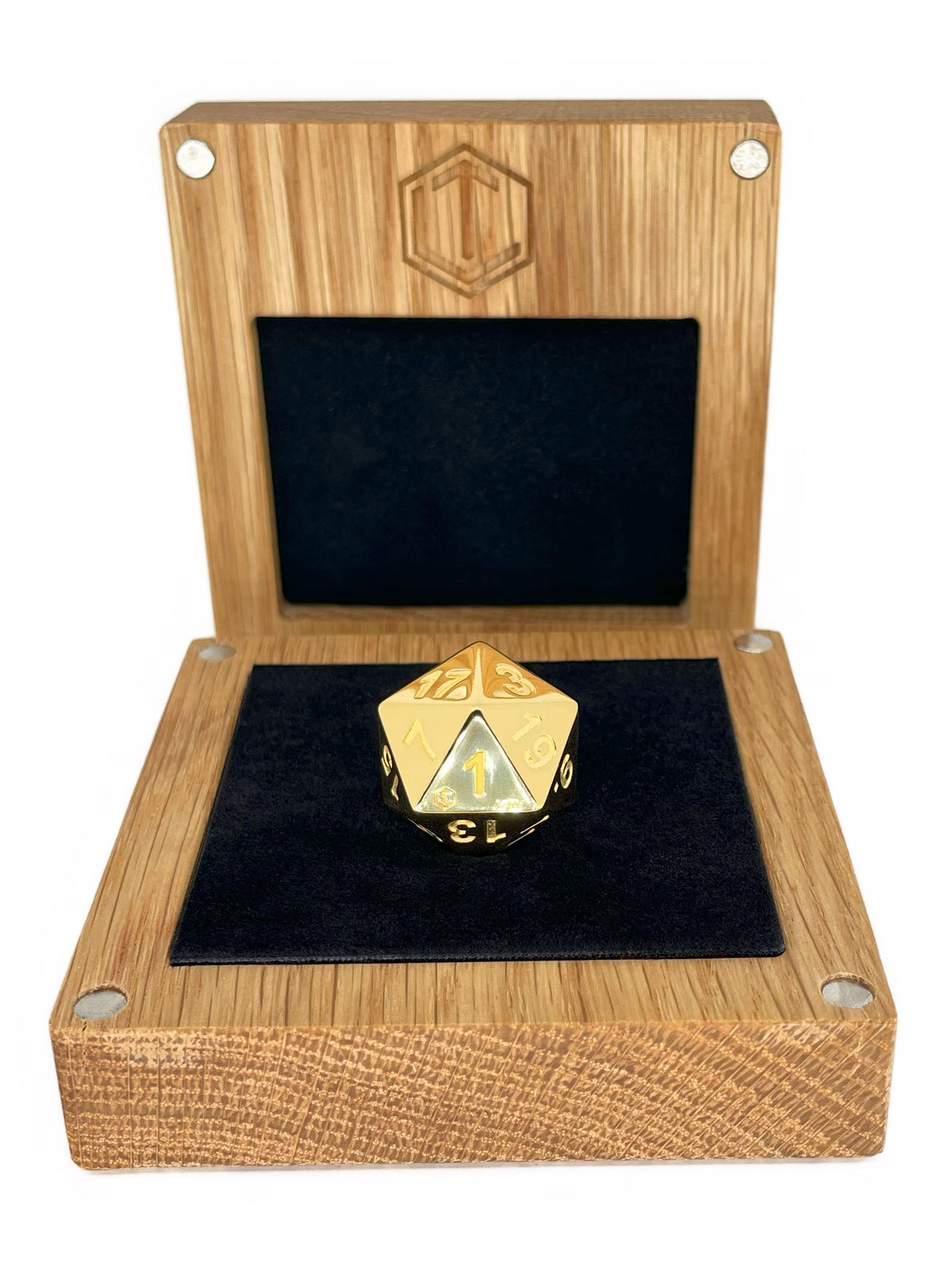 D20 Dice Sterling Silver 18-karat gold-plated in oakwood case - D20 Goldwürfel im Etui