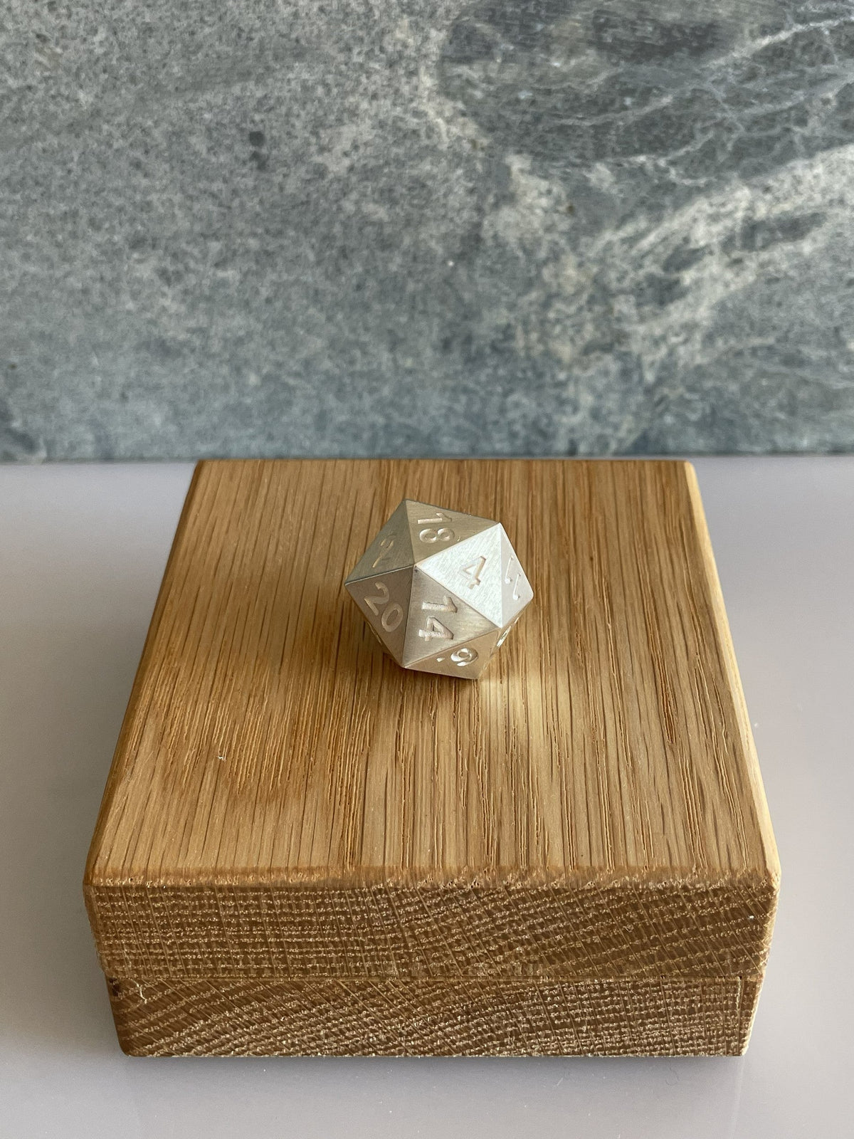 D20 Dice brushed on oak case no4