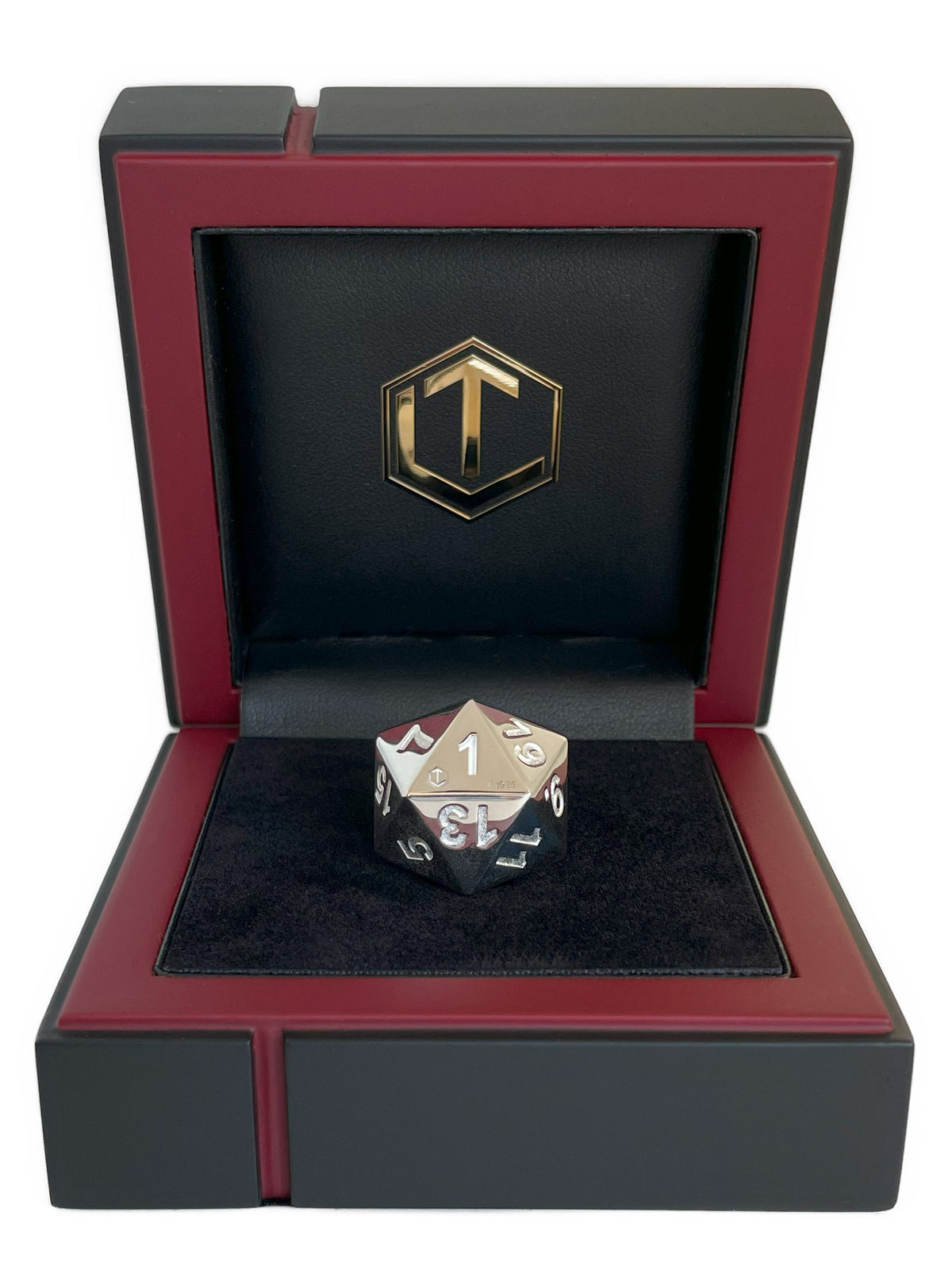 D20 Silver Dice polished in black case front - D20 Silberwürfel poliert