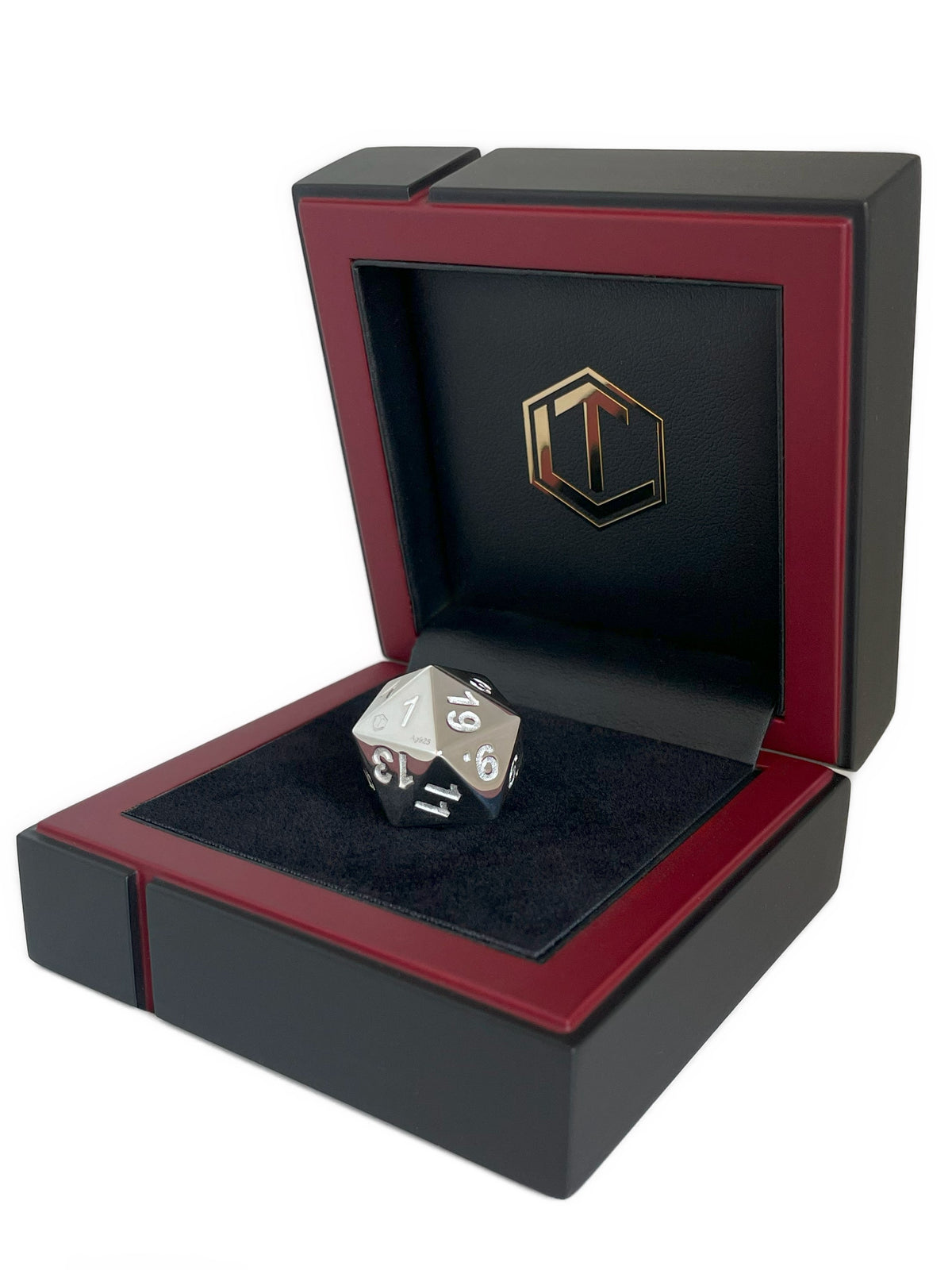 D20 Silver Dice polished in black case - D20 Silberwürfel im Etui 