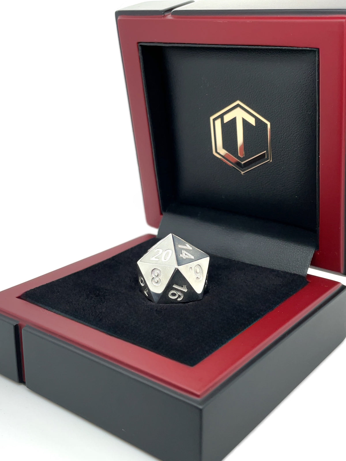 D20 Silver Dice polished in black case - D20 Silberwürfel poliert im Etui