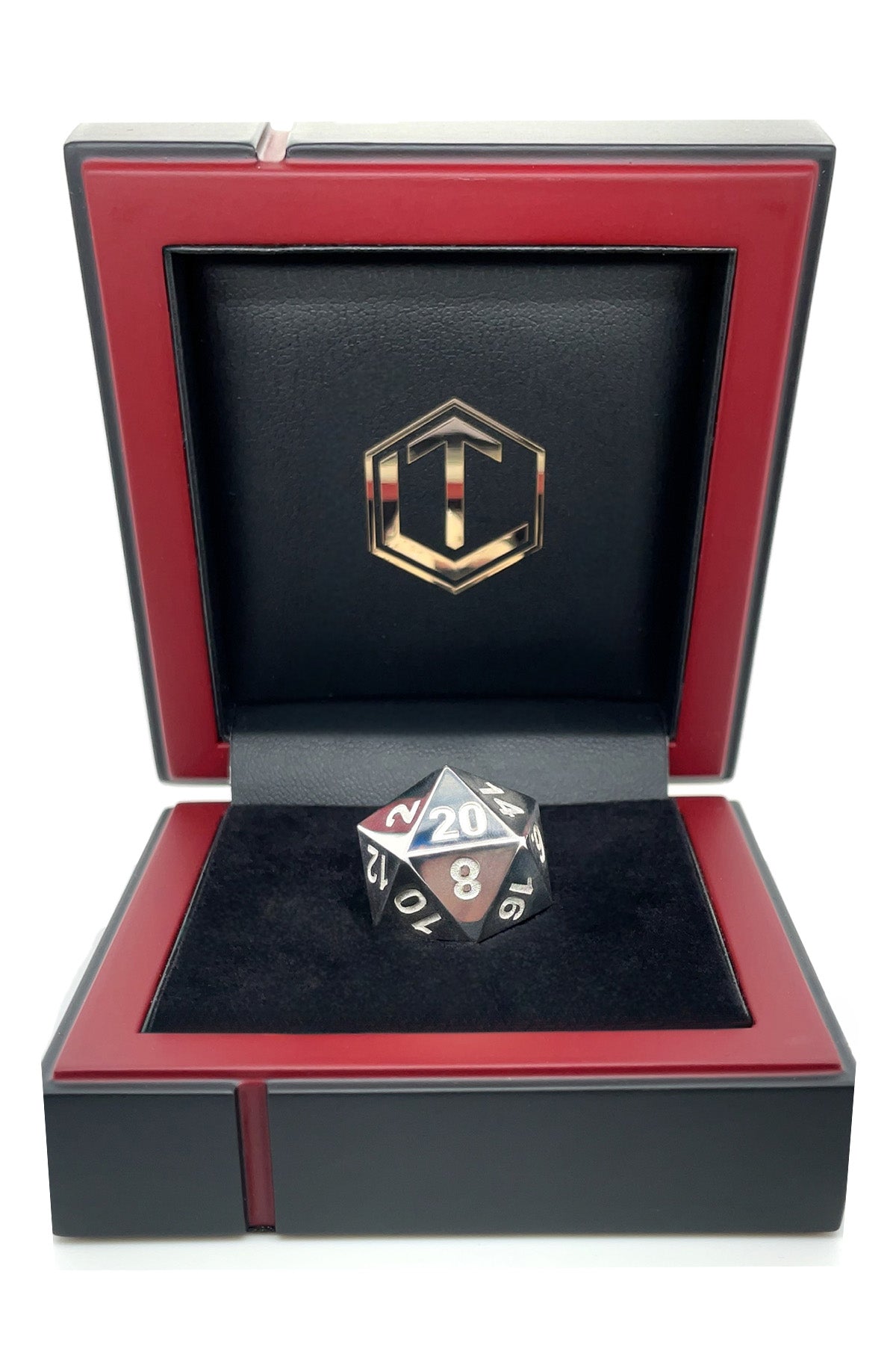 D20 Silver Dice polished in black case - D20 Silberwürfel poliert im Etui
