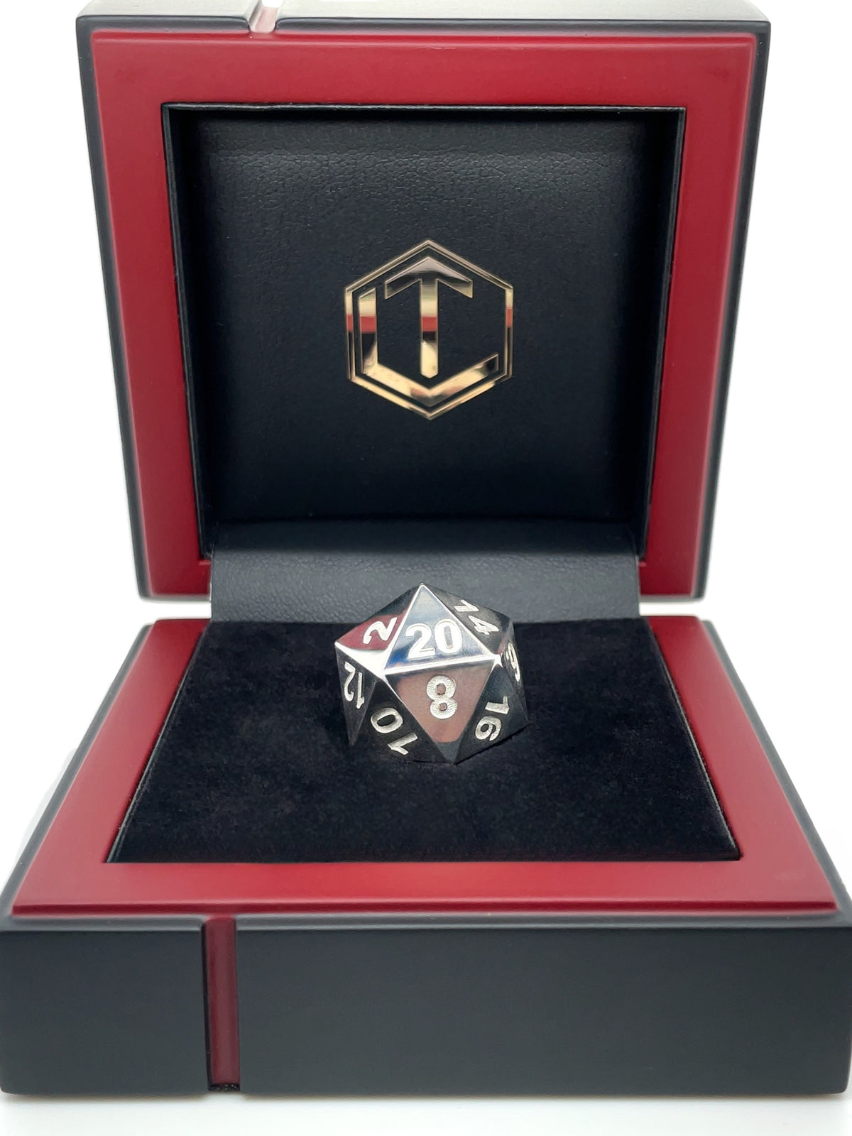 D20 Silver Dice polished in black case - D20 Silberwürfel poliert im Etui