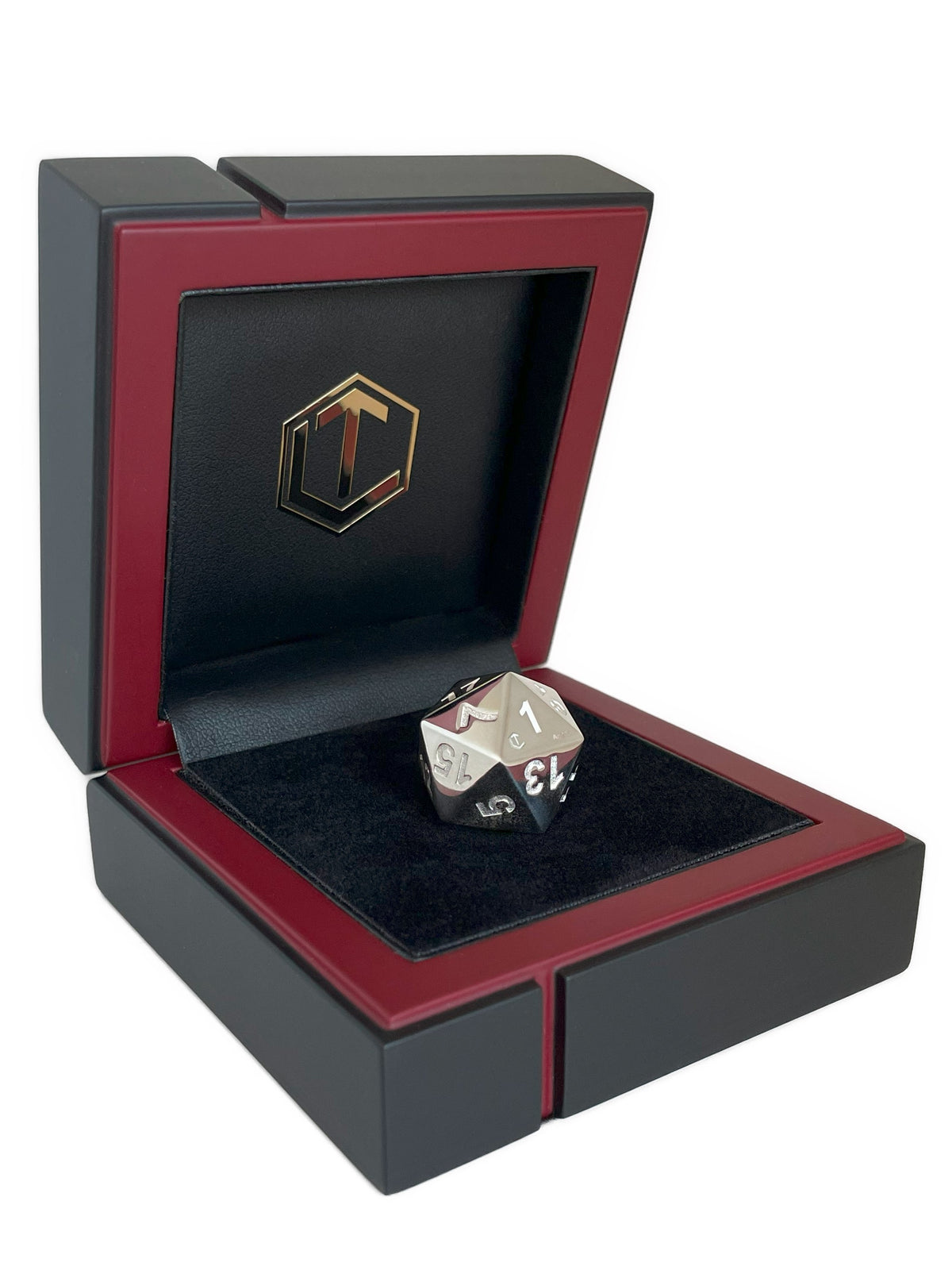 D20 Silver Dice polished in black case - D20 Silberwürfel poliert im Etui