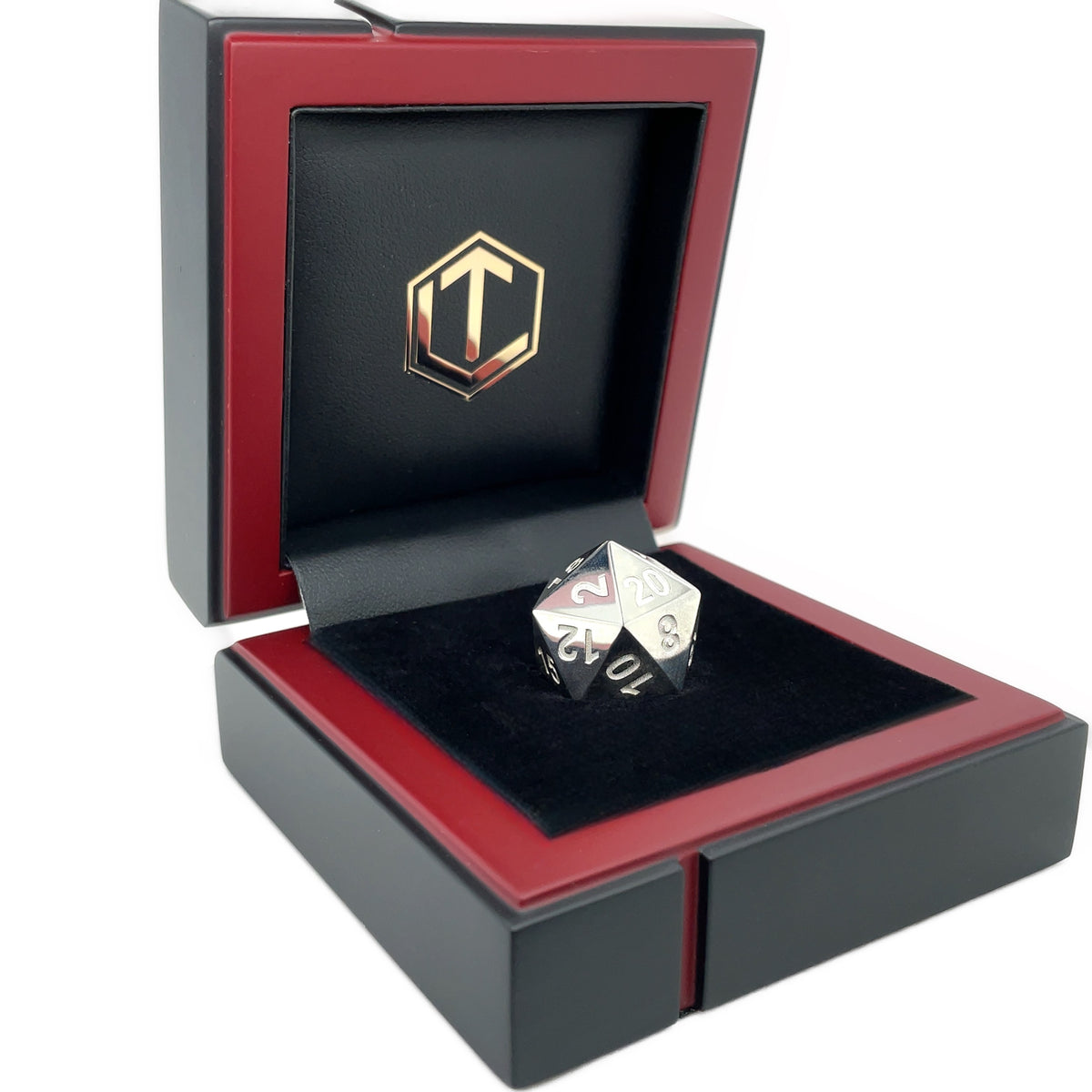 D20 Silver Dice polished in black case - D20 Silberwürfel poliert im Etui