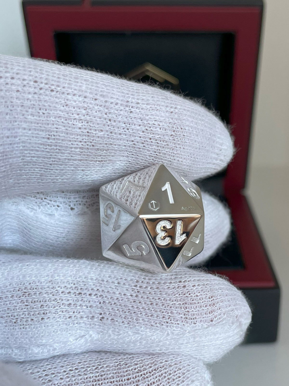 D20 Silver Dice polished in hand before black case - D20 Silberwürfel in Hand