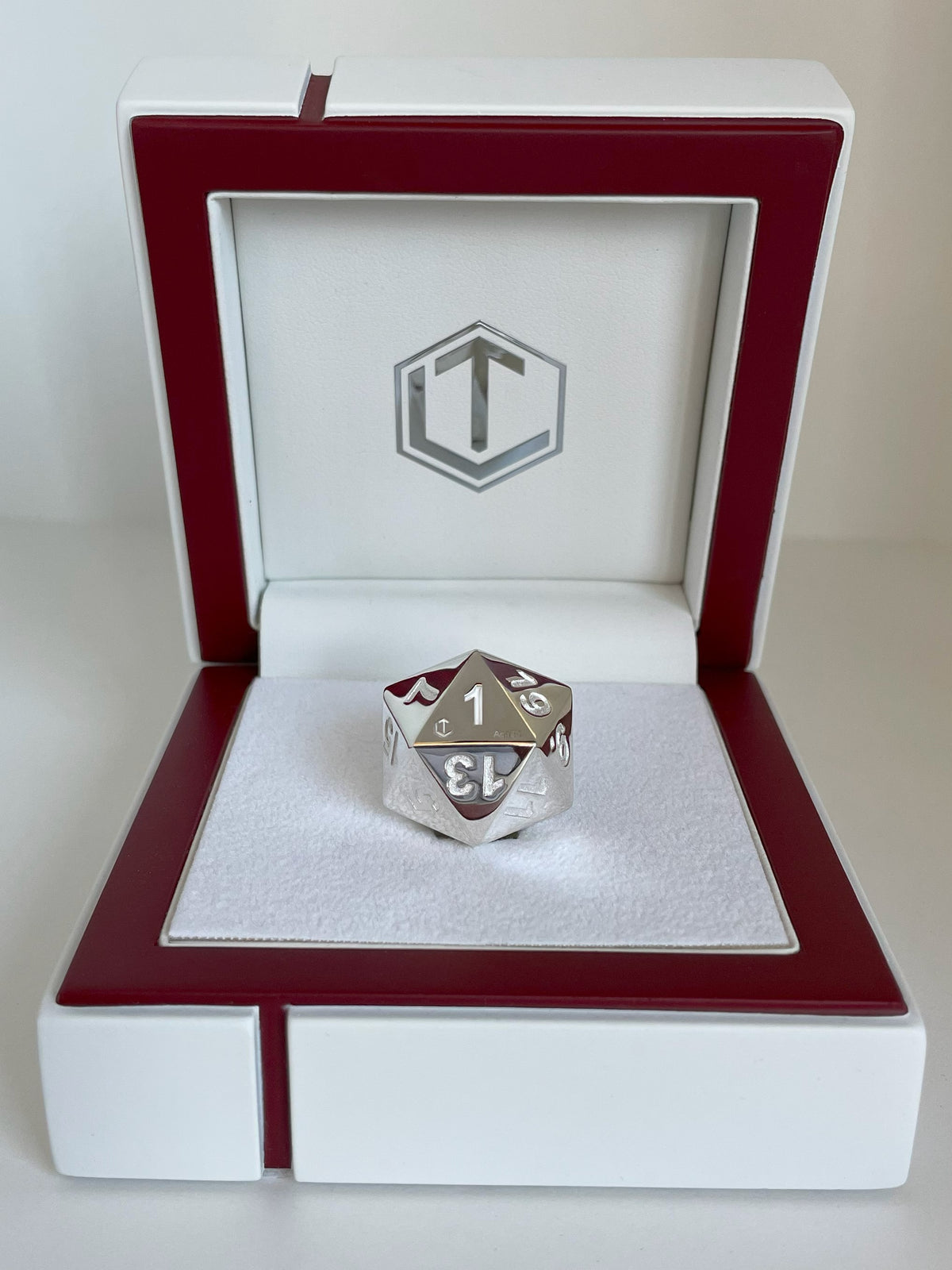 D20 Silver Dice polished in white case - D20 Silberwürfel poliert im Etui