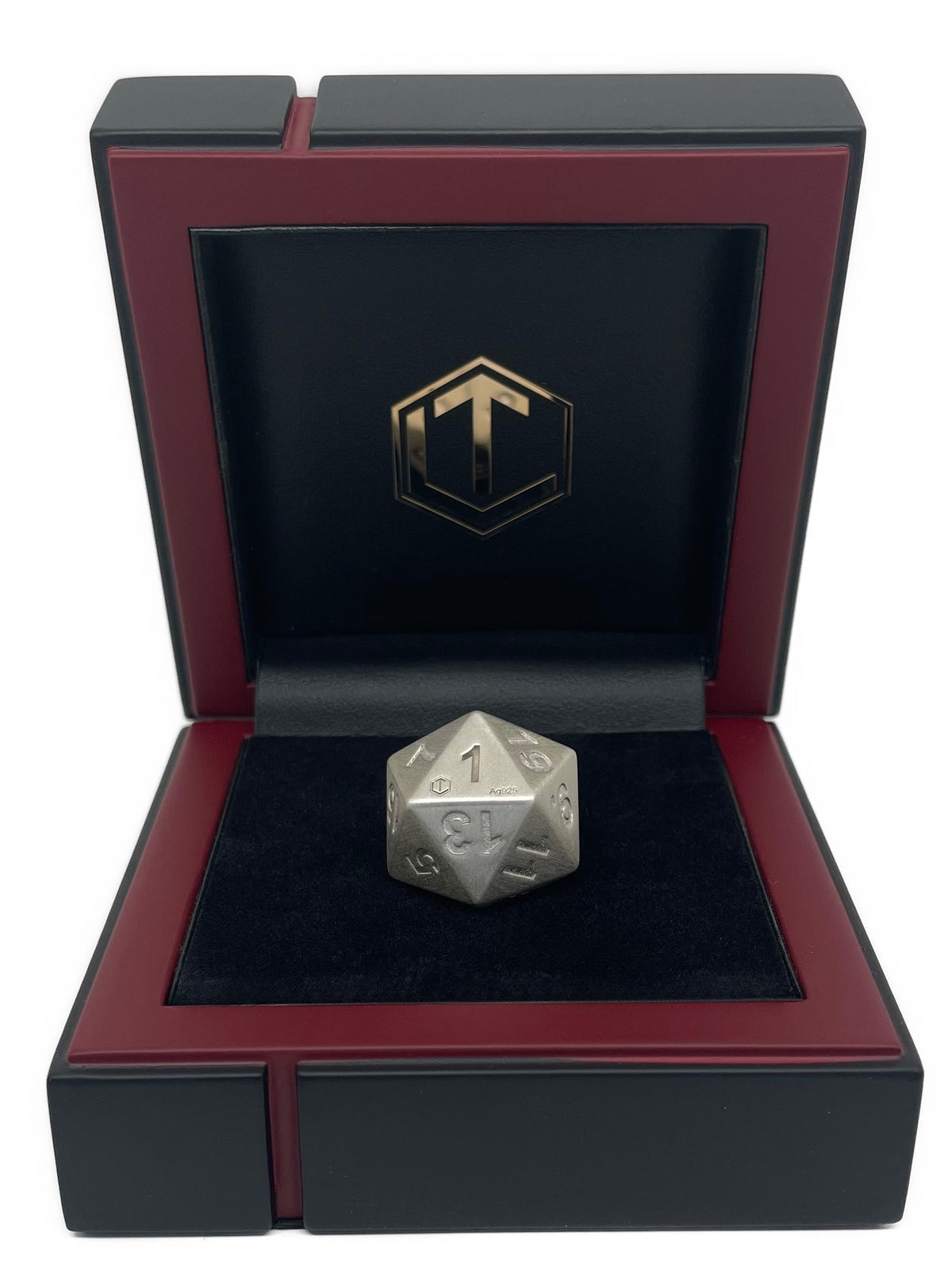 D20 dice in silver brushed in black case front - D20 Würfel mattiert im Etui