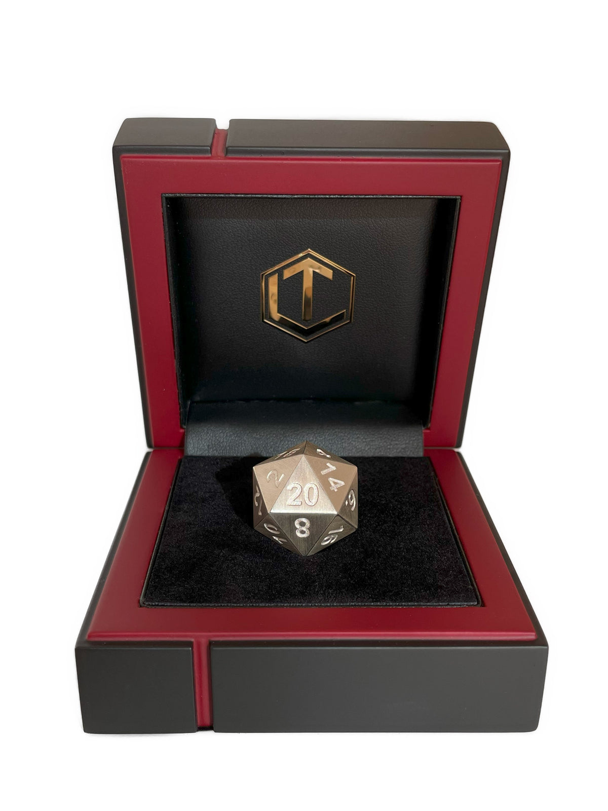 D20 dice in silver brushed in black case - D20 Dice mattiert im Etui