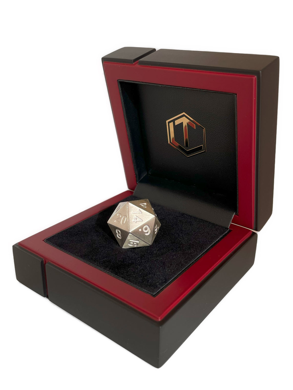 D20 dice in silver brushed in black case - D20 Dice mattiert im Etui