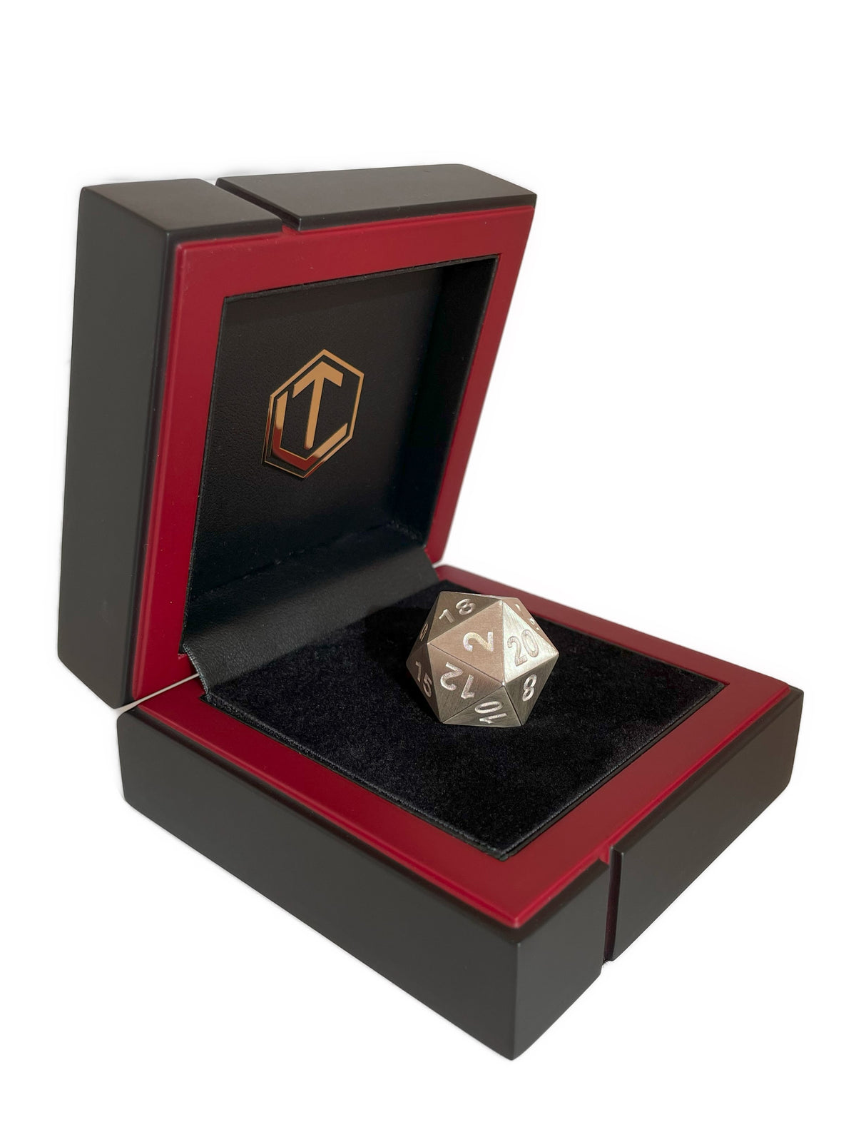 D20 dice in silver brushed in black case - D20 Würfel mattiert im Etui