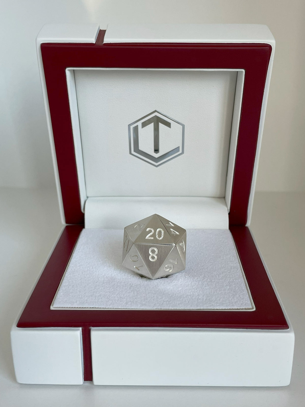 D20 dice in silver brushed in white case front - D20 Würfel mattiert im Etui