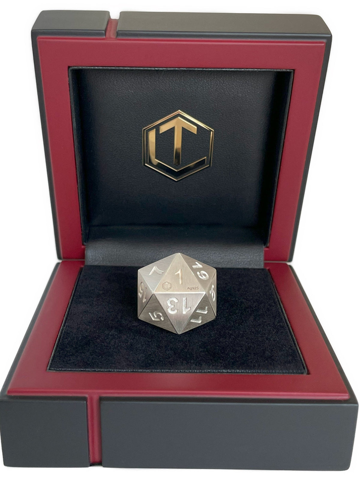 D20 dice in silver brushed in black case front - D20 Würfel in Silber mattiert