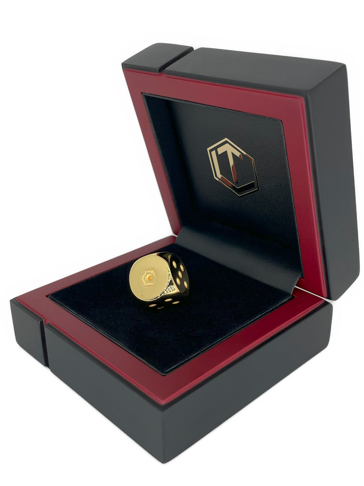 Dice 18-Karat Gold-Plated No 1 polished_in Case left - Goldwürfel im Etui