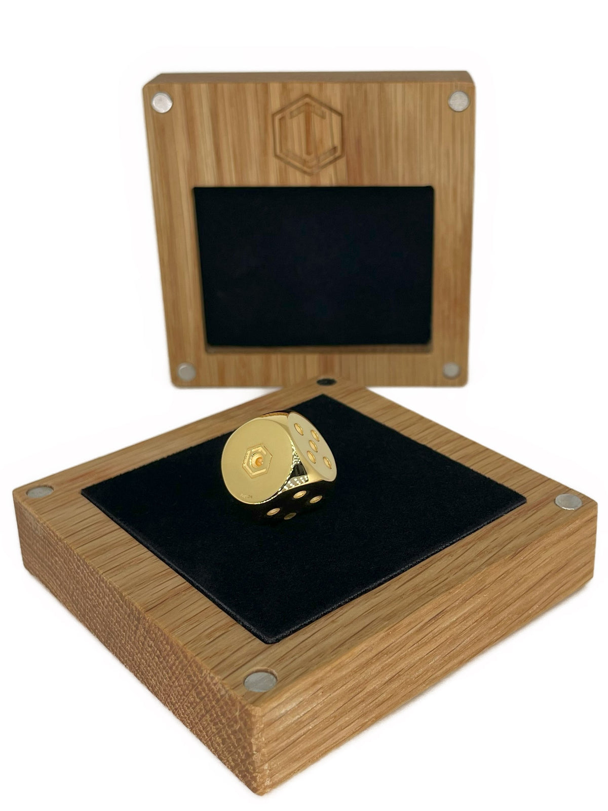 Dice 18-Karat Gold-Plated No 1 polished_in Case Oakwood left - Goldwürfel im Etui