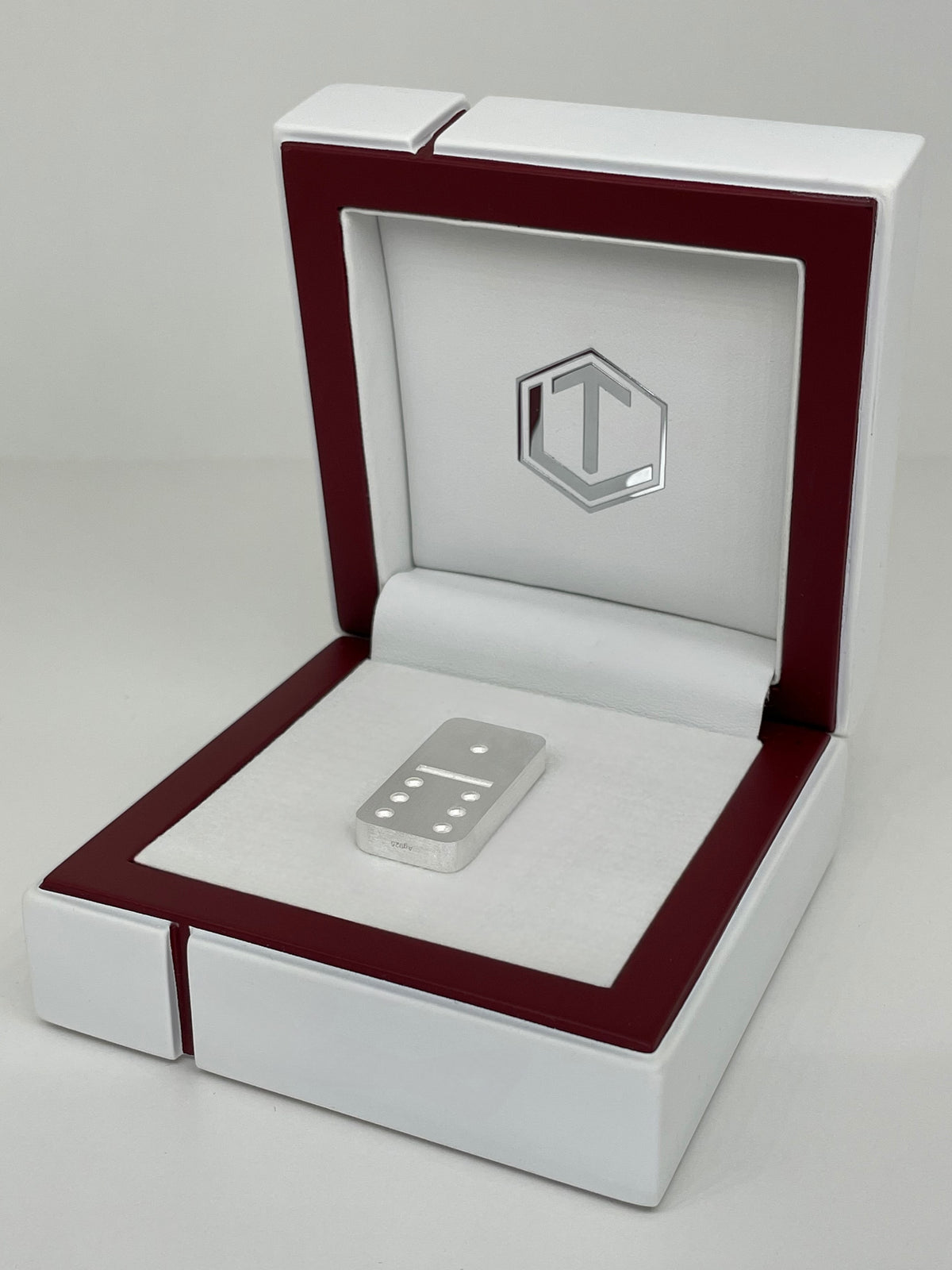 Domino Sterling Silver brushed in white Case - Dominostein Silber im weissen  Etui