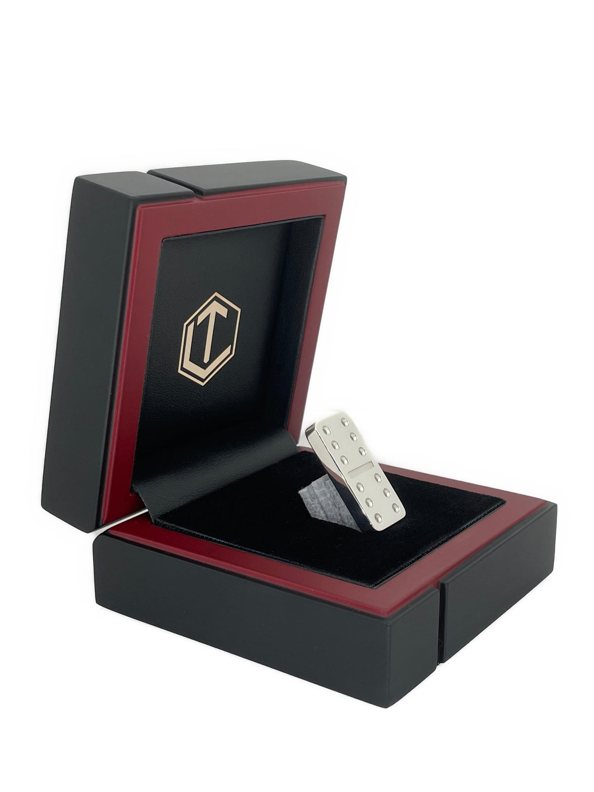 Domino Sterling Silver polished in black case - Dominostein aus Silber im Etui