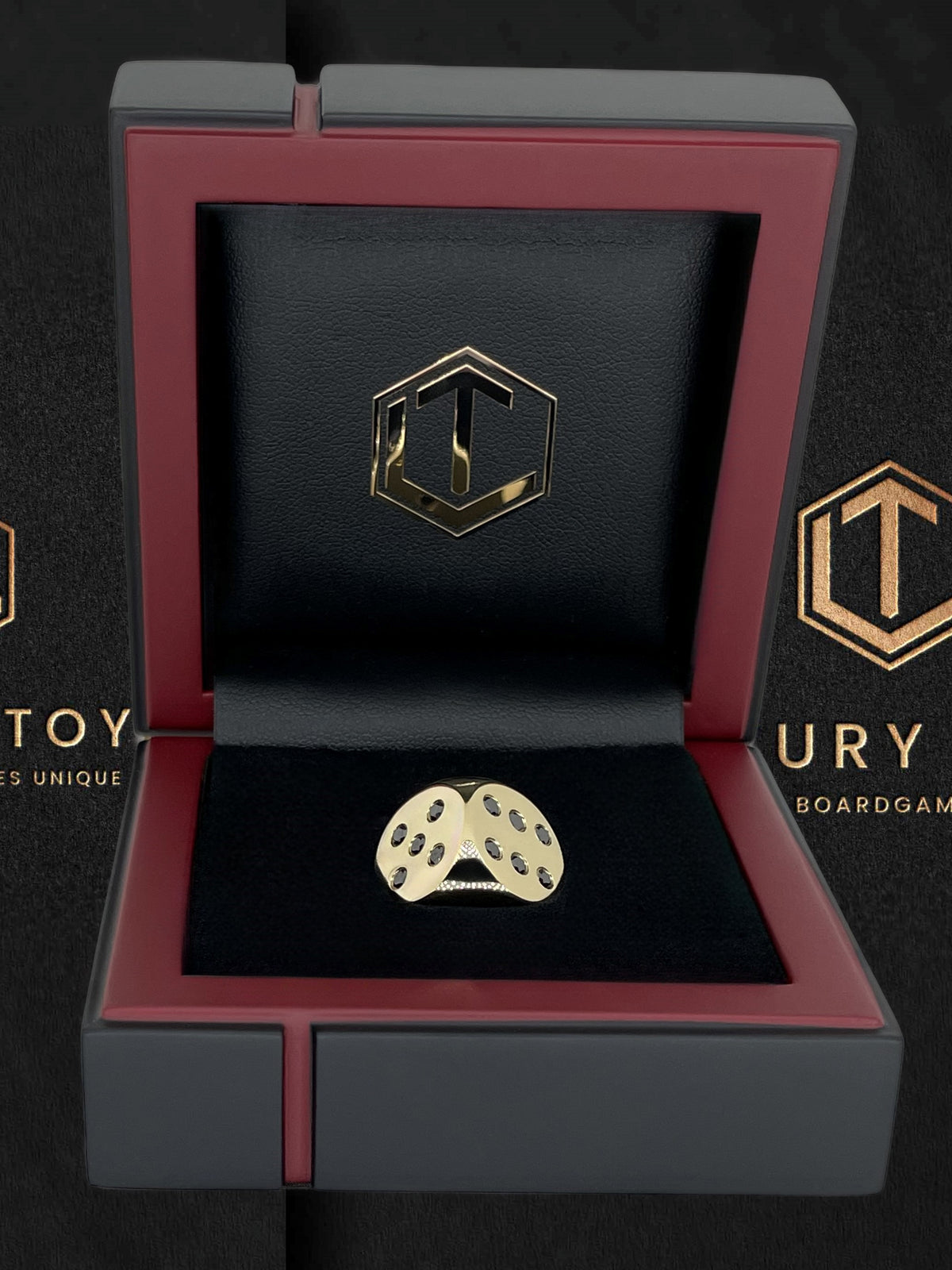 Gold Dice with Black Diamonds in Case - Goldwürfel mit schwarzen Diamanten im Etui