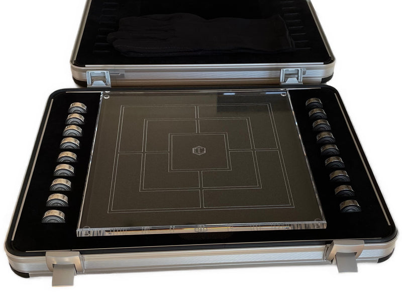 Board Game Nine Mens Morris silver black pieces on hold - Brettspiel Mühle Silber Schwarz Spielsteine in Halterung