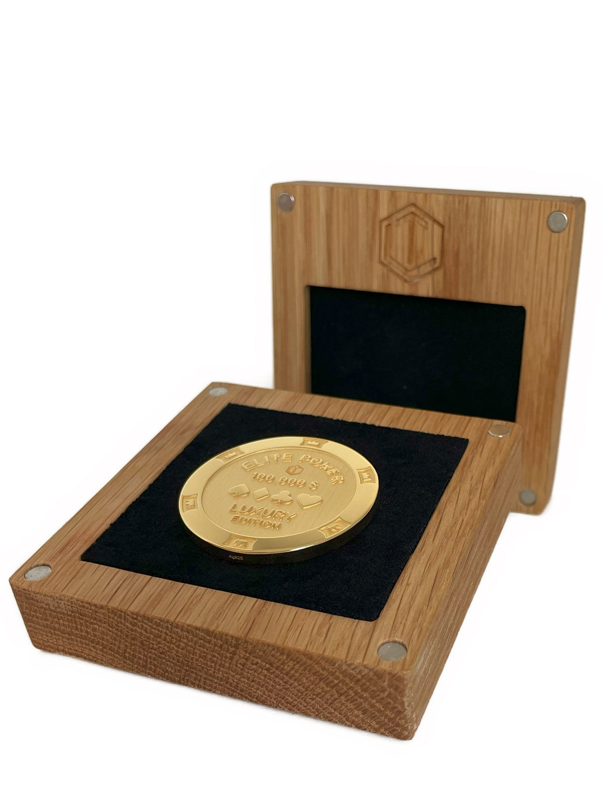 Poker Chip Silver 18-karat gold plated in oakwood case - D20 Silber 18 Karat vergoldet