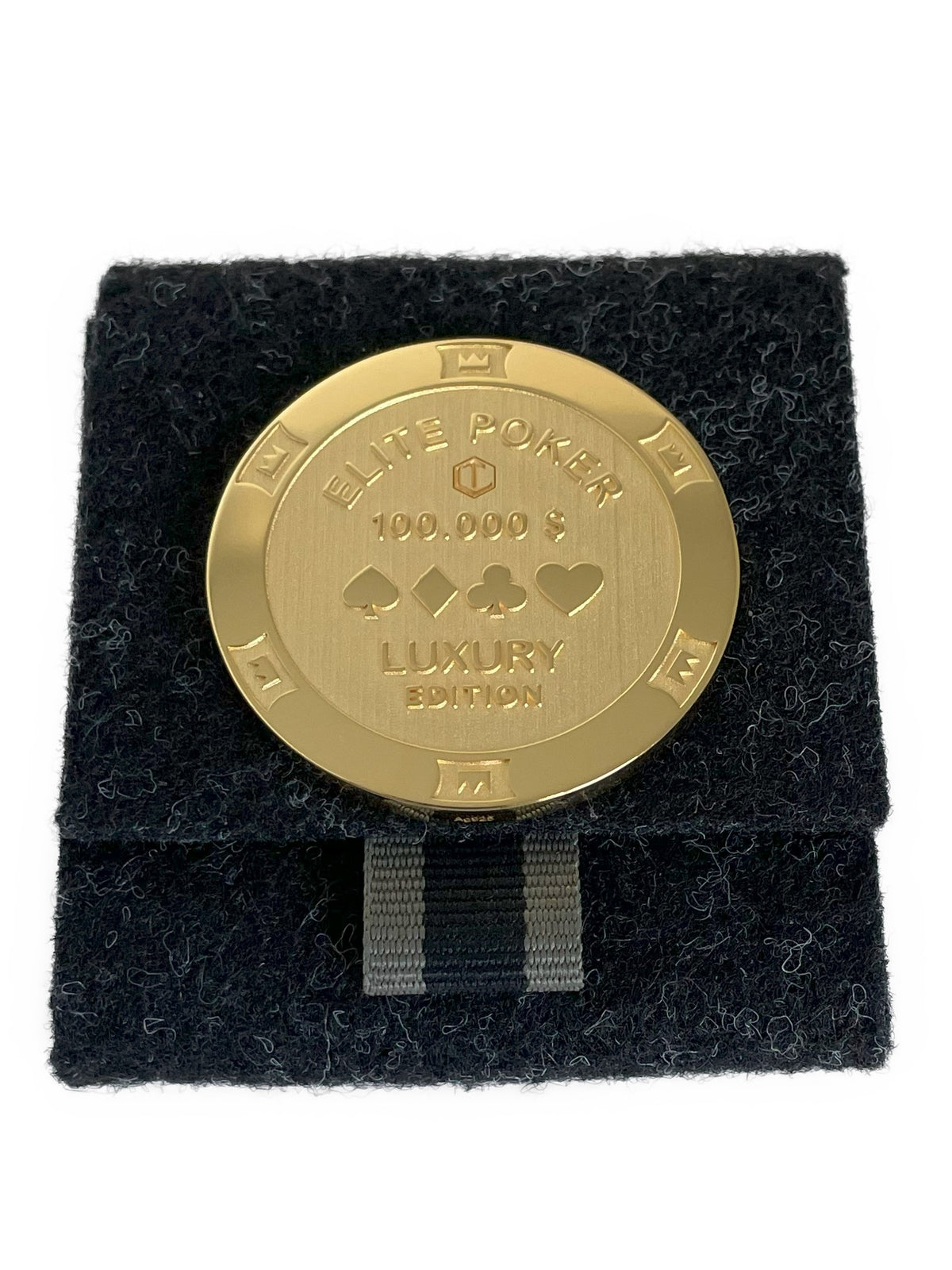 Poker_Chip_Silver_18-karat_gold_plated_on_Felt_case_front - Poker Chip 18 Karat vergoldet
