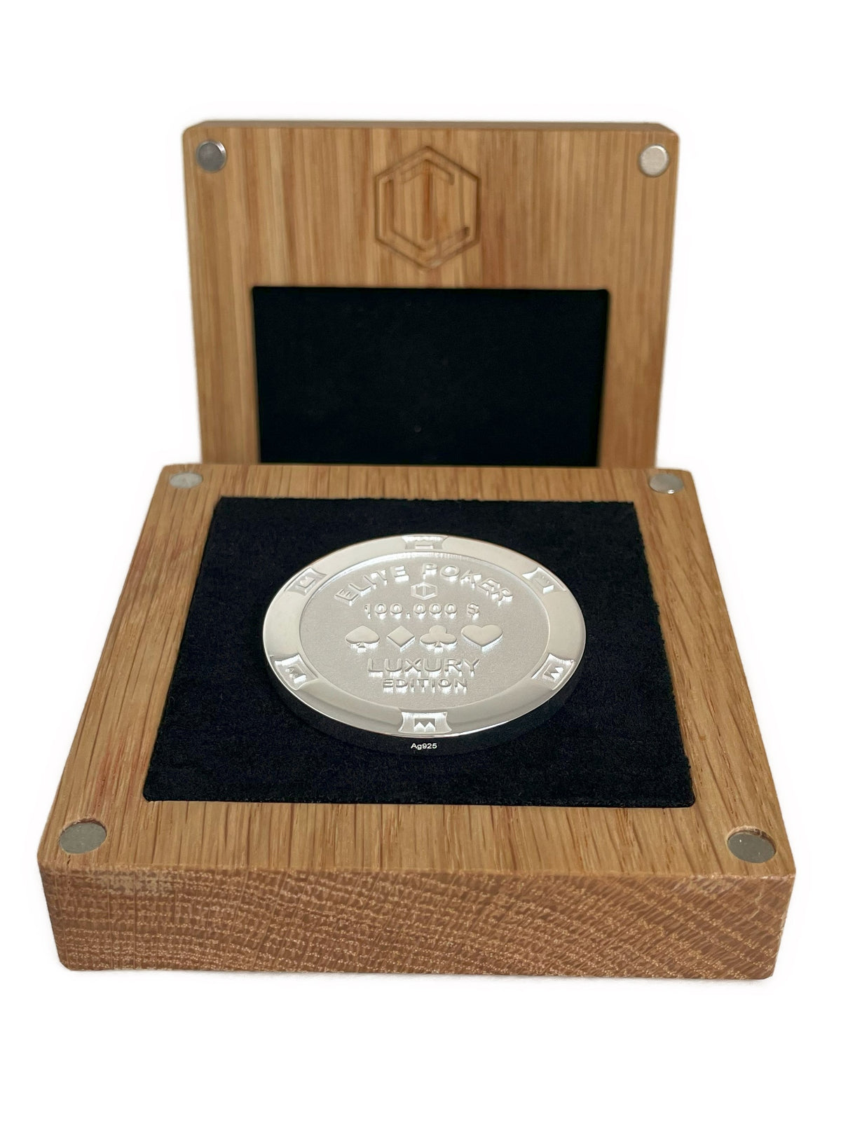 Poker Chip Sterling Silver in oakwood Case - Pokerchip Silber im Etui