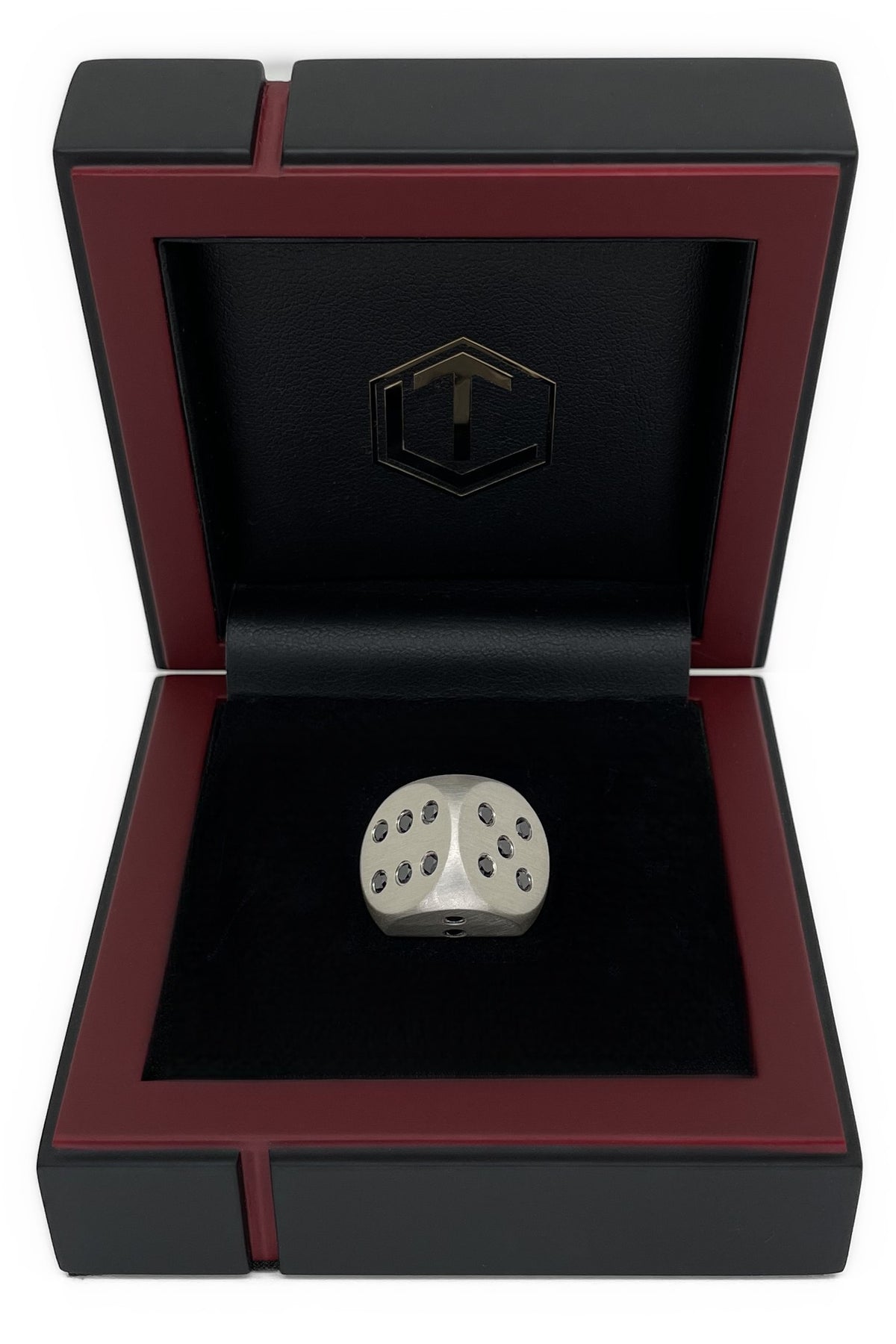 Solid Brushed Silver Dice with Diamonds in Black Case - Silberwürfle mit schwarzen Diamanten mattiert im Etui