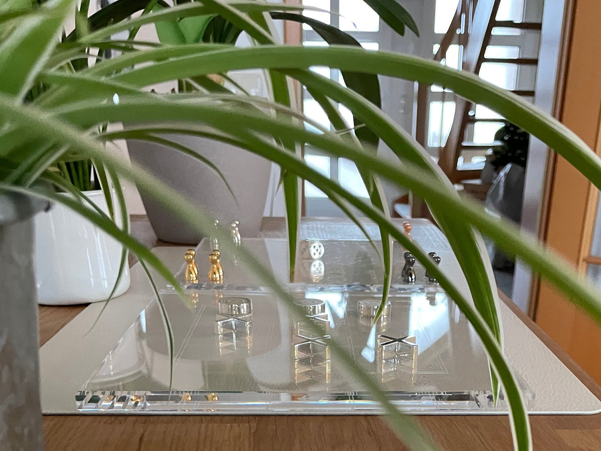 Silver Tic Tac Toe and Ludo on board in living room - Silber Tic Tac Toe und Ludo auf Spielbrett im Wohnzimmer