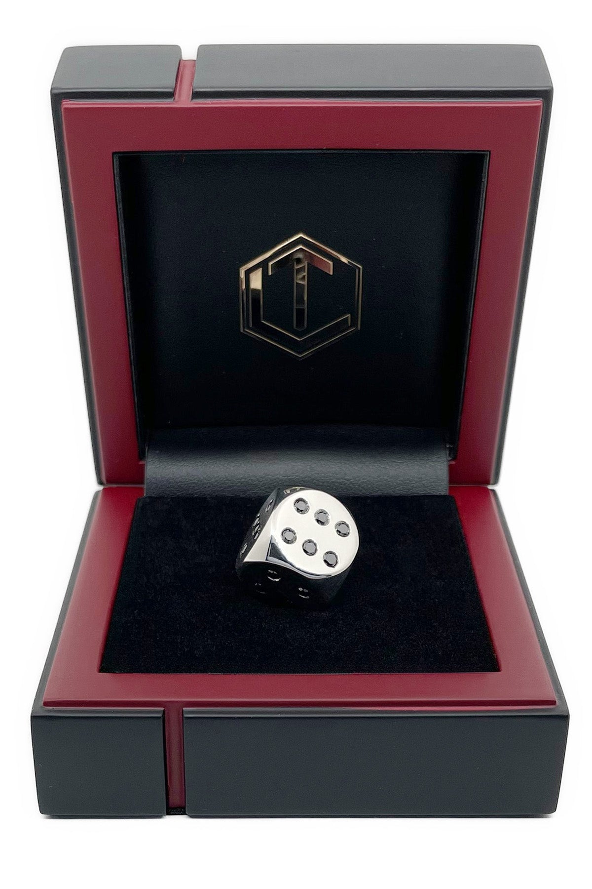 Solid Silver dice with diamonds polished in black case - Silberwürfel mit Diamanten poliert