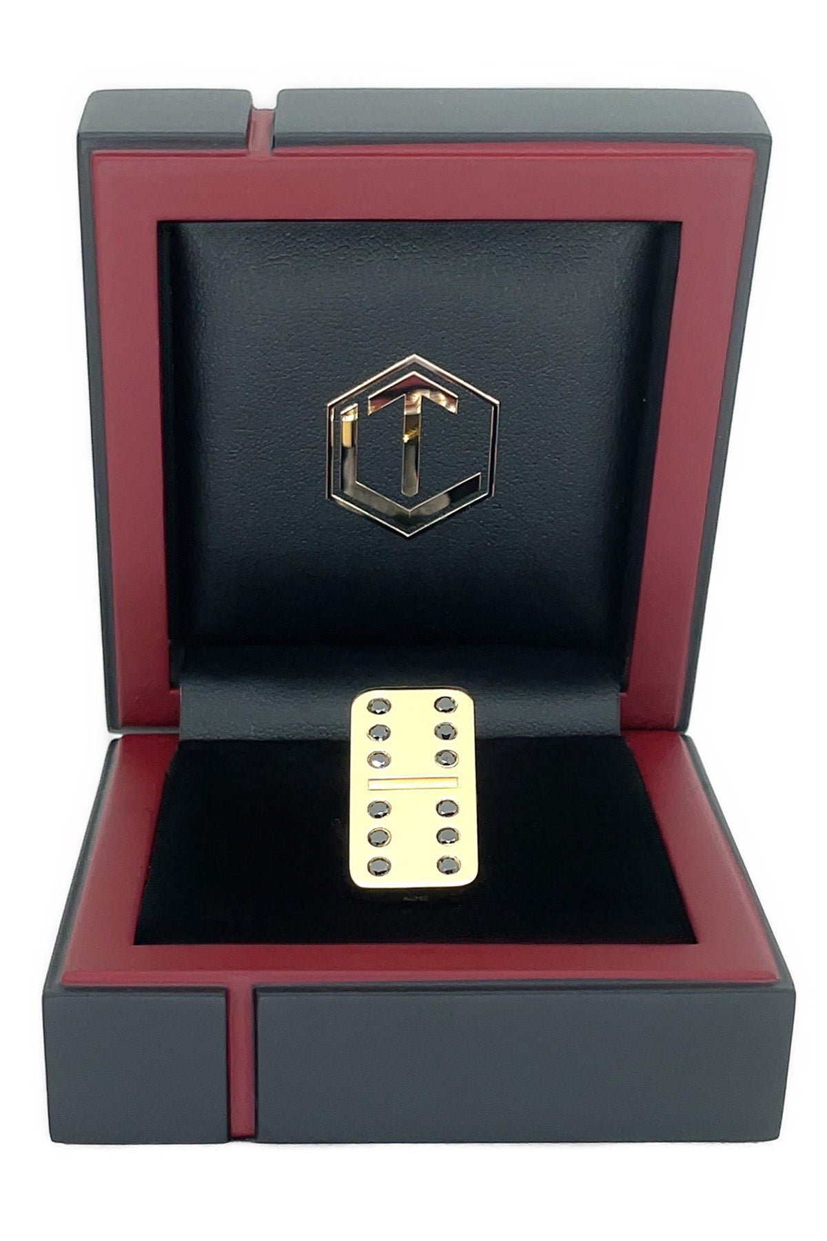 Solid 18-Karat Gold Domino Tile with Diamonds in black case - Dominostein 18 Karat Gold mit Diamanten im Etui