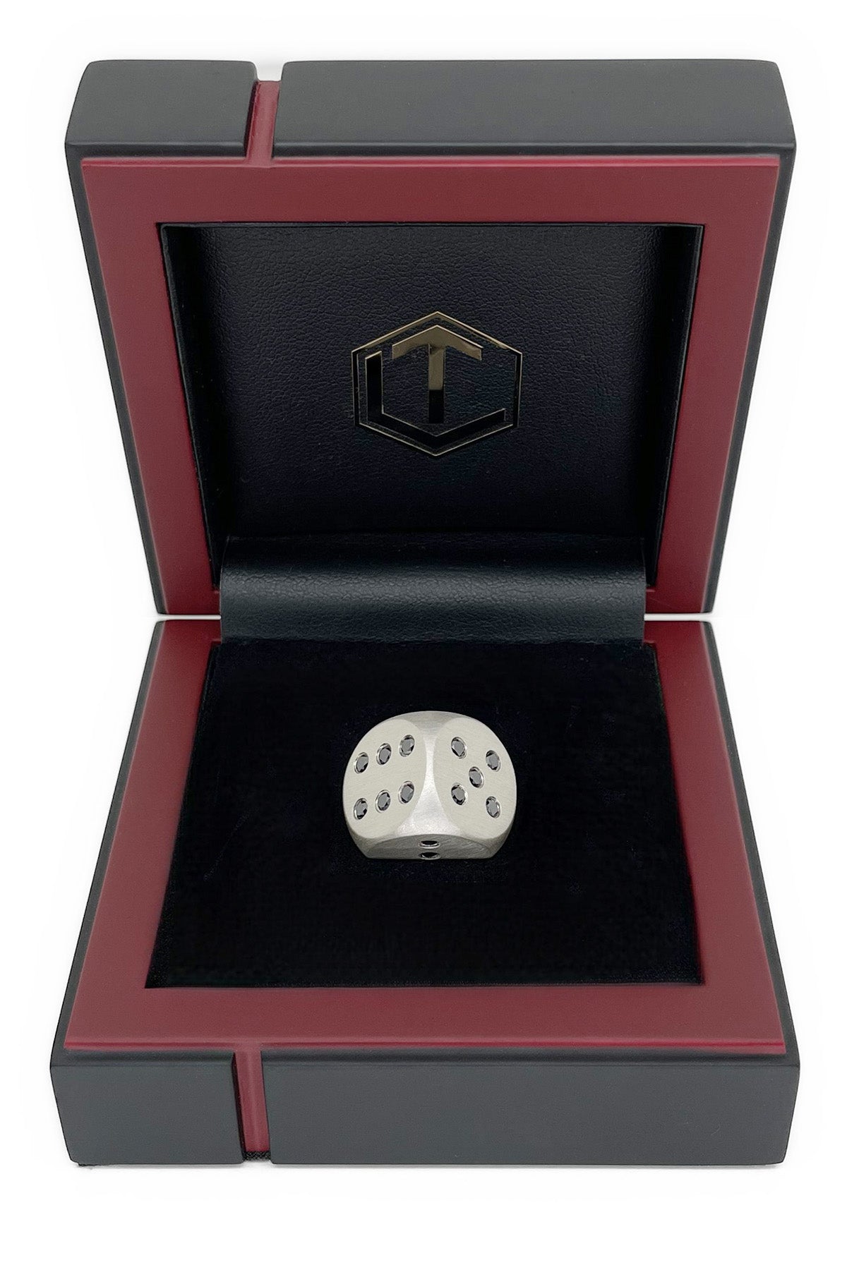 Solid Brushed Silver Dice with Diamonds in Black Case - Silberwürfel mit Diamanten im Etui