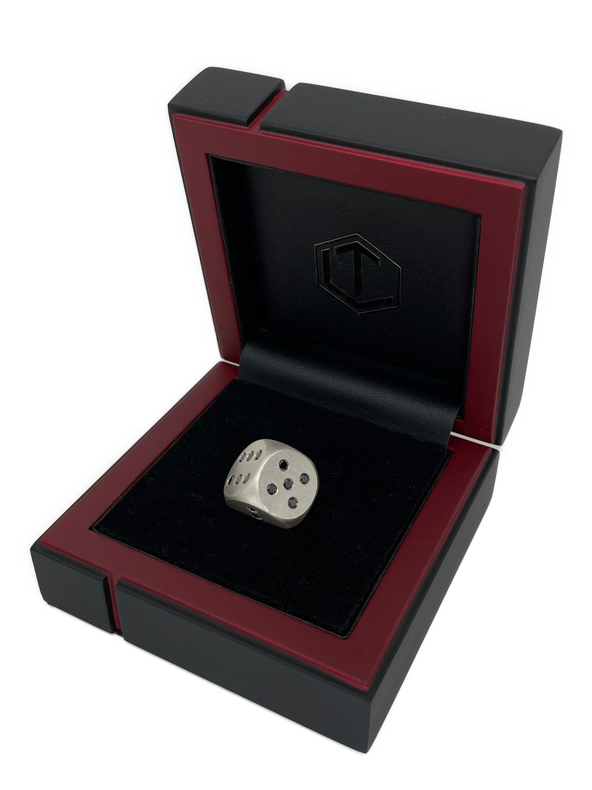 Solid Brushed Silver Dice with Diamonds in Black Case - Silberwürfel massiv mit Diamanten im Etui