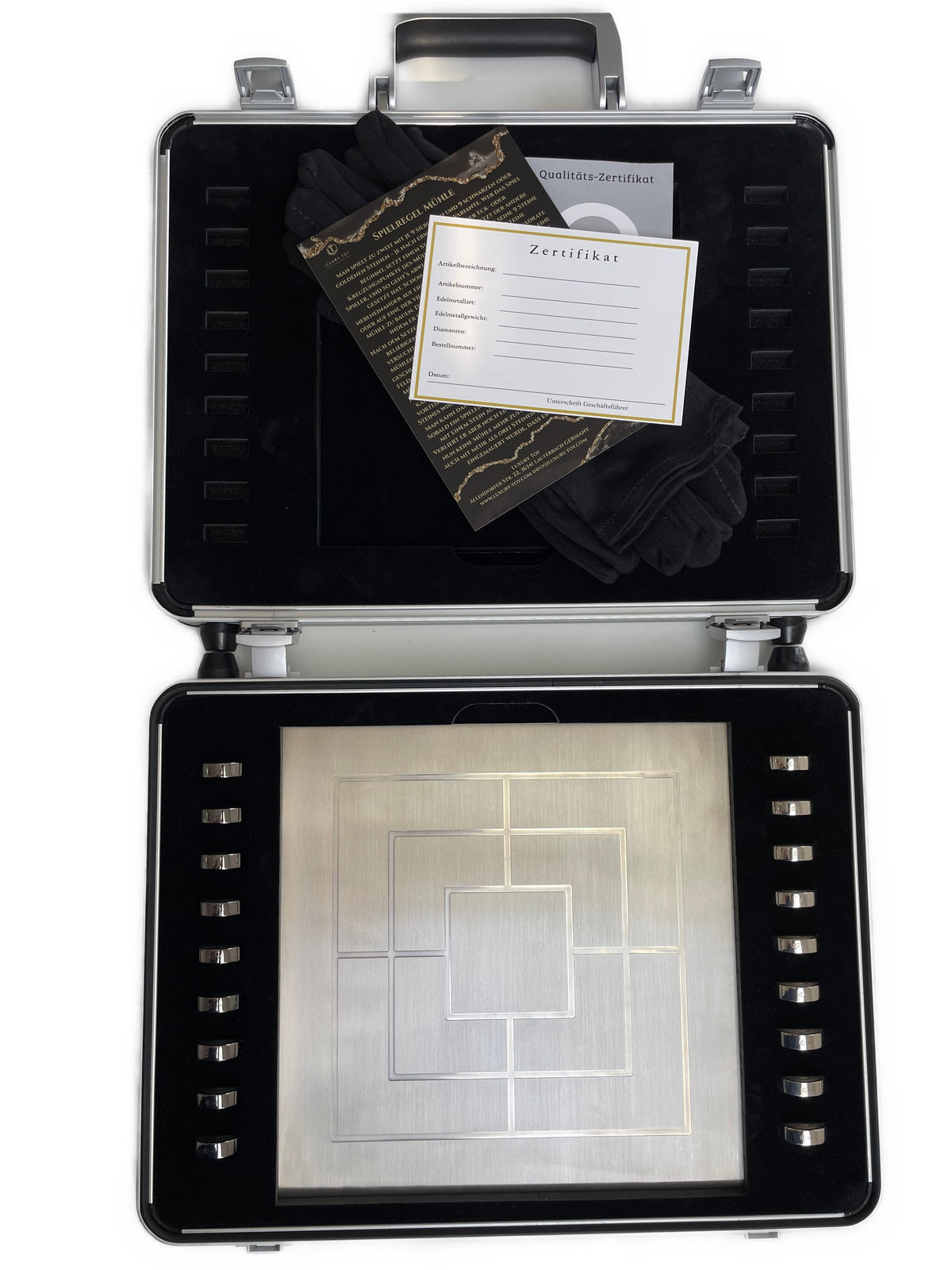Solid Silver Board Game Nine Mens Morris Silver Black Rhodium-Plated - Mühlespiel Silber Rhodium im Koffer