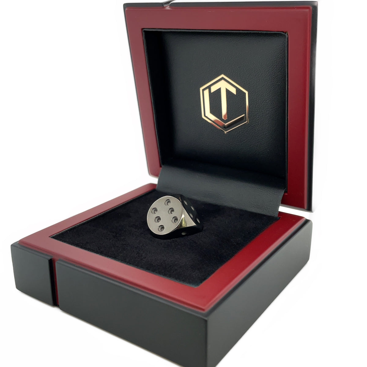 Solid Silver Dice black rhodium-plated in black case - Silberwürfel schwarz rhodiniert im Etui