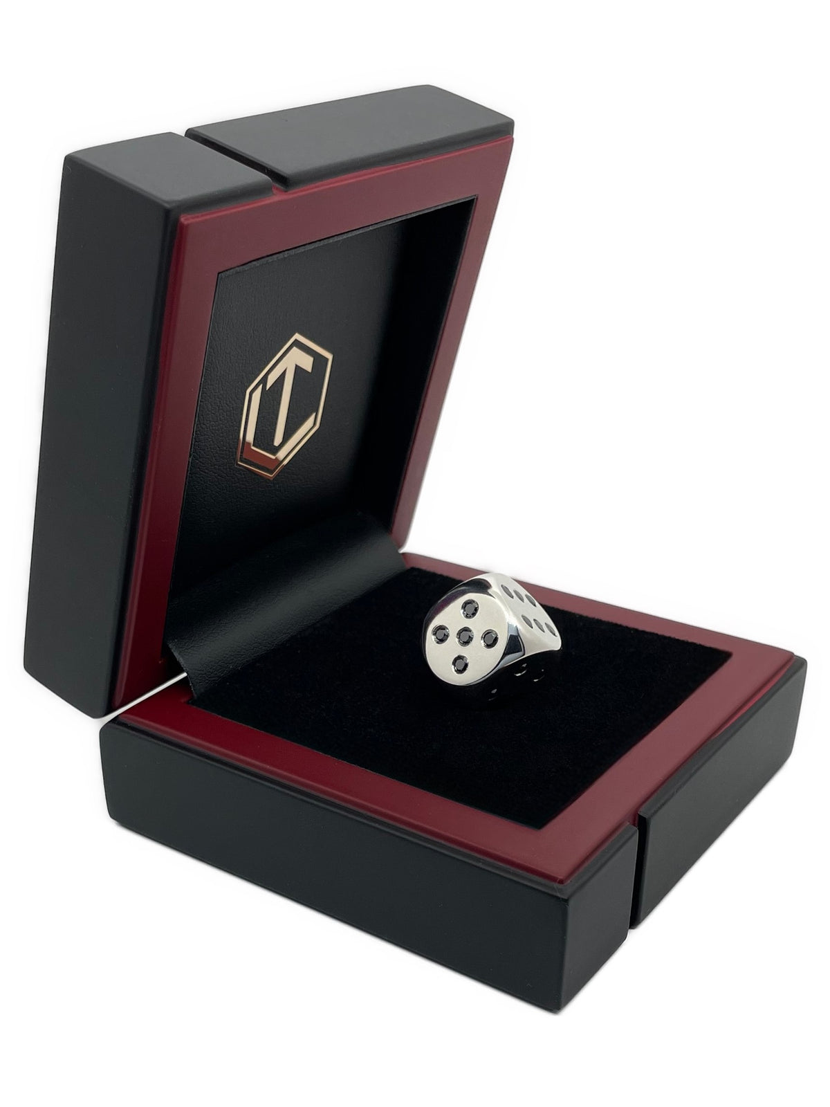 Solid Silver dice with diamonds polished in black case - Würfel massiv aus Sterlingsilber mit Diamaten poliert im Etui