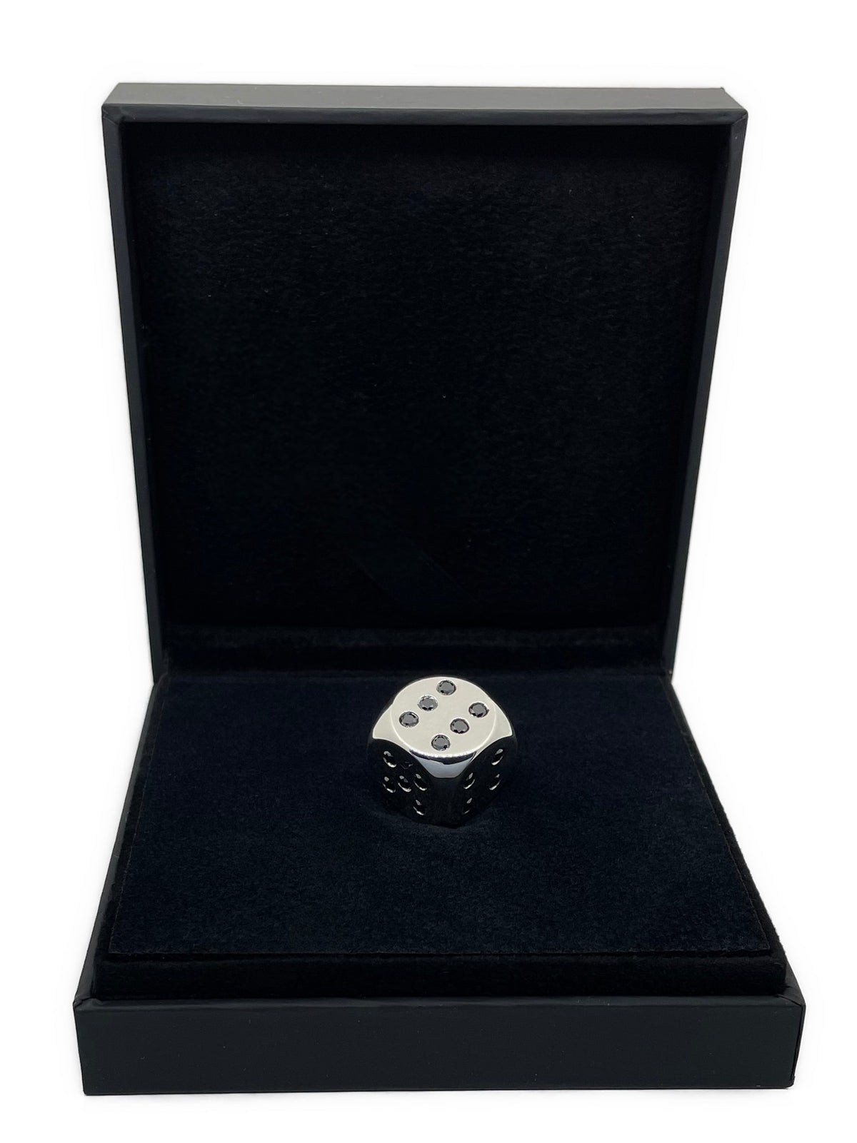 Solid Silver dice with diamonds polished in memory case - Silberwürfel massiv im Diamanten im Memory Etui
