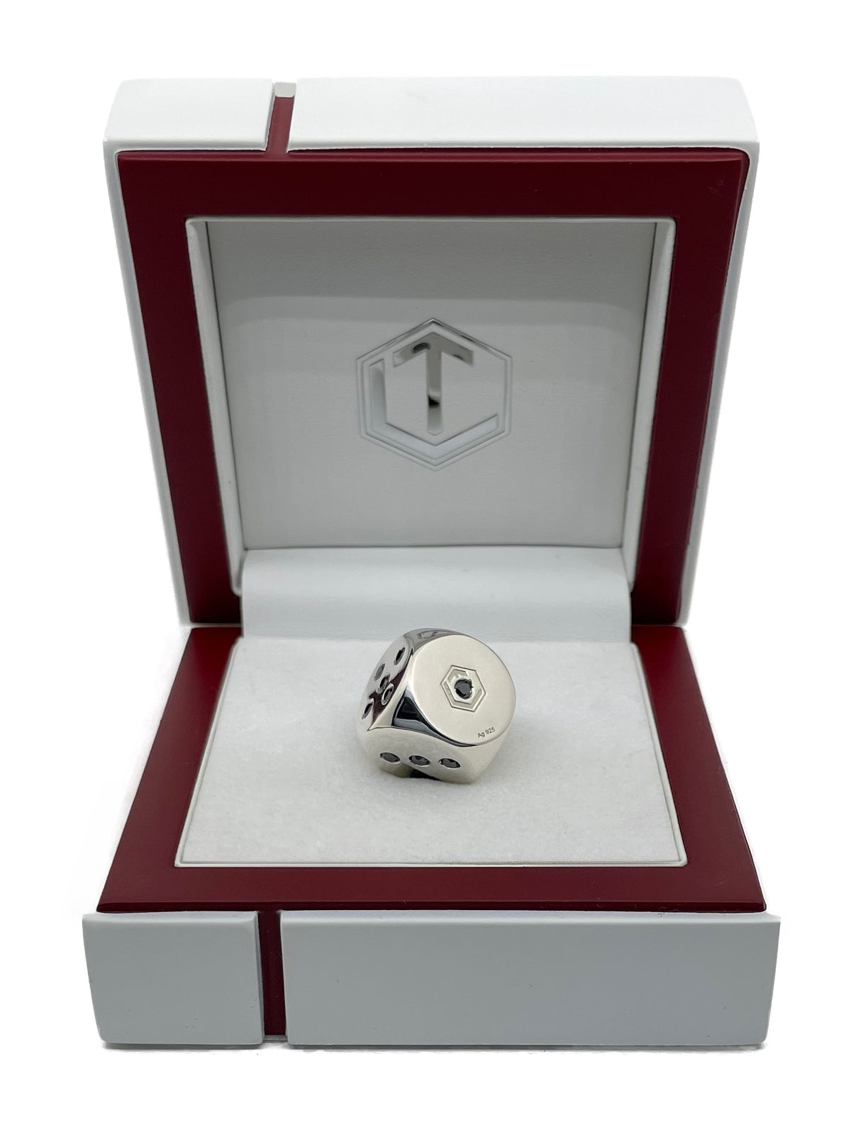 Solid Silver dice with diamonds polished in white case - Massiver Silberwürfel mit Diamanten im Etui