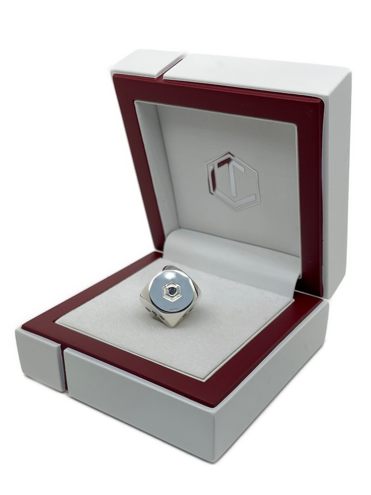 Solid Silver dice with diamonds polished in white case - Silberwürfel massiv im Diamanten im Etui