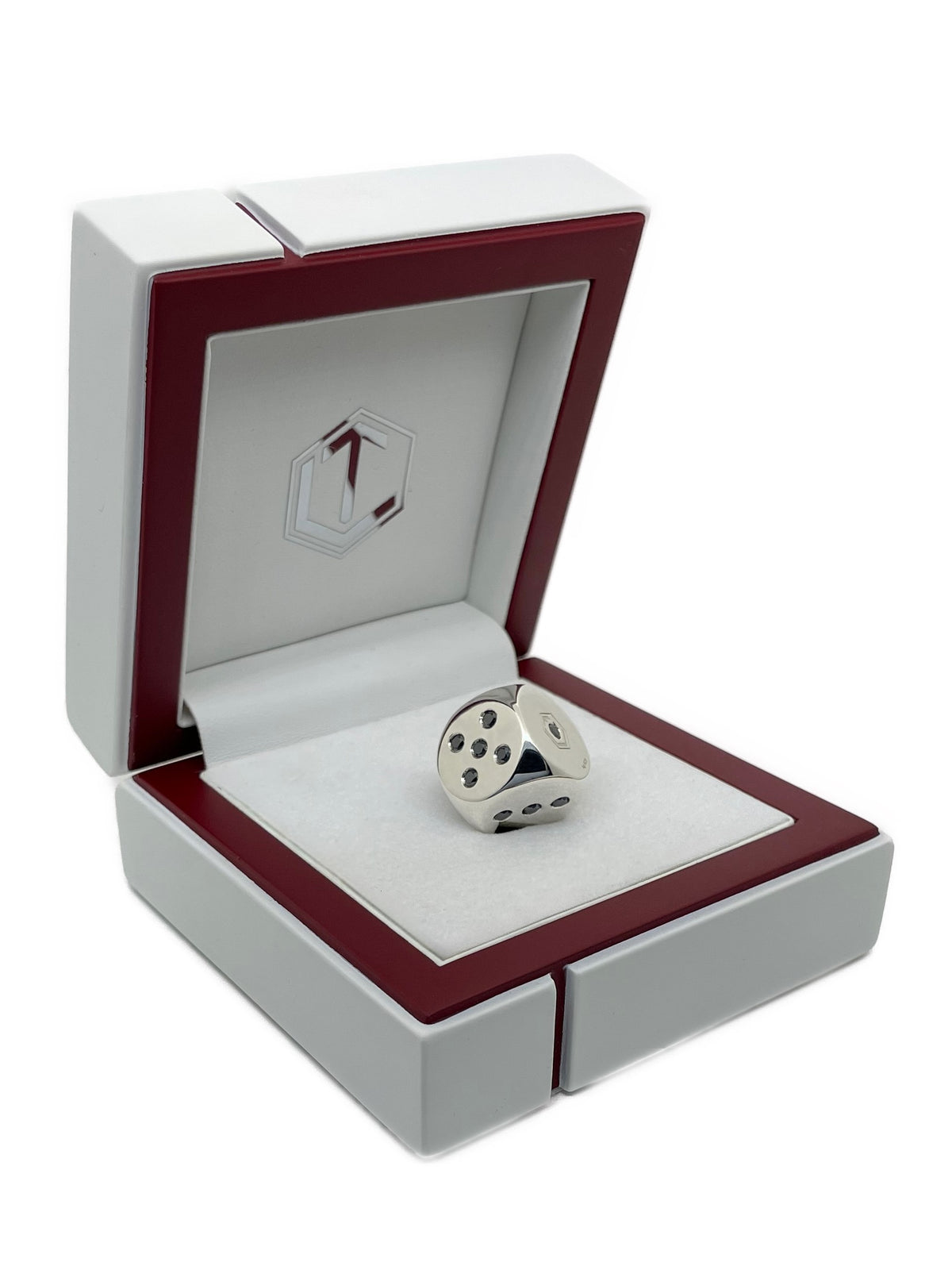 Solid Silver dice with diamonds polished in white case - Silberwürfel massiv mit Diamanten im Etui