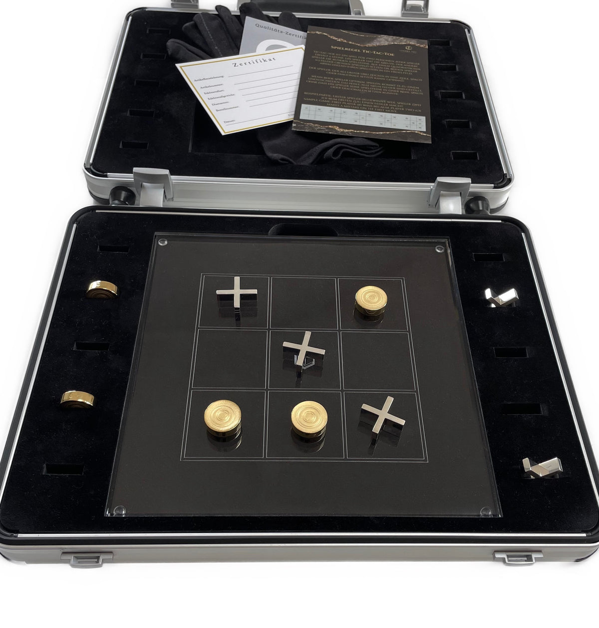 Solid Sterling Silver Tic-Tac-Toe 18k gold-plated and Gold Pieces on board - Tic Tac Toe in Silber und Gold Spielfiguren auf Brett 