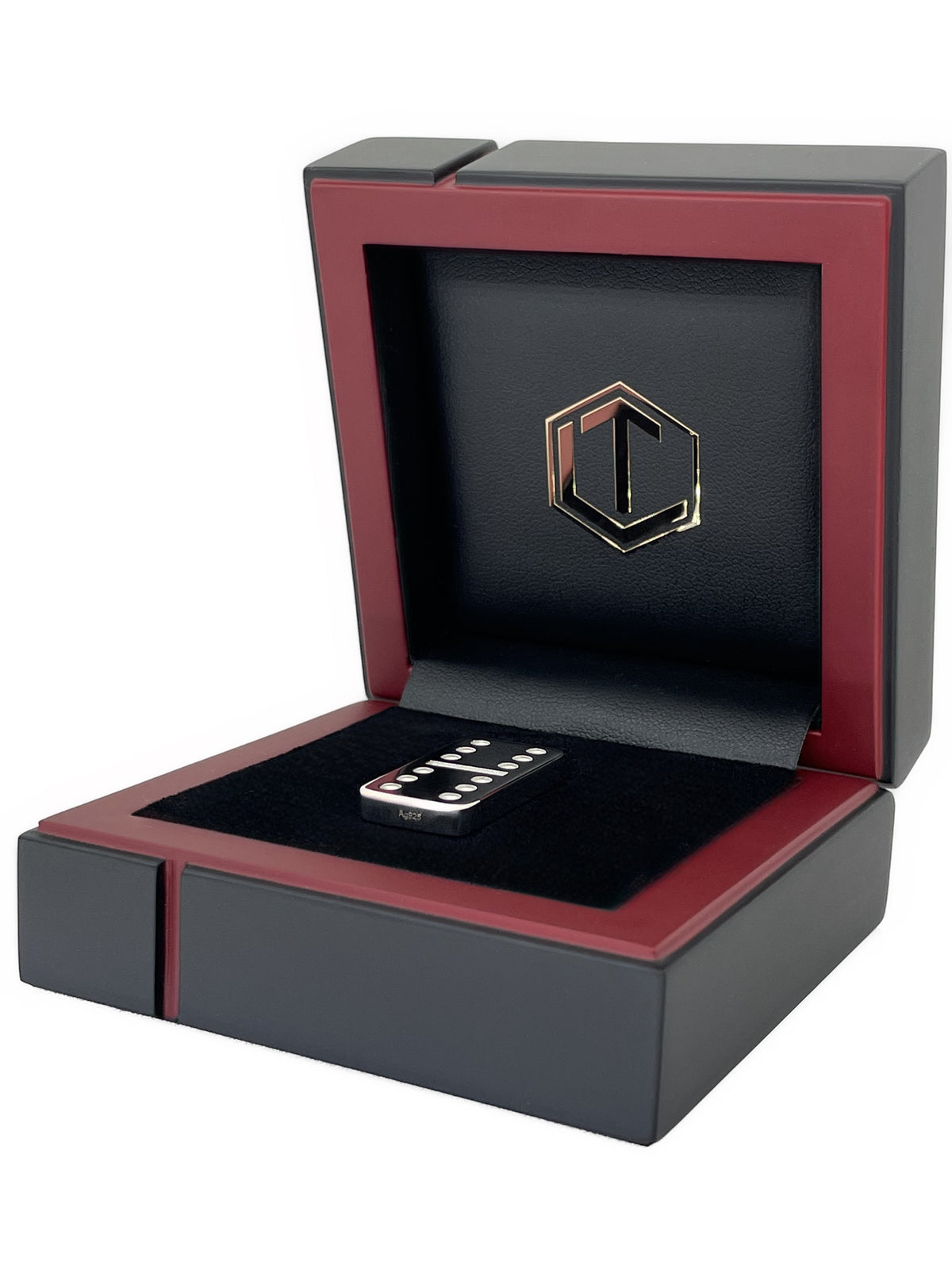 Domino Sterling Silver polished in black case lying - Domino Silber liegend im Etui