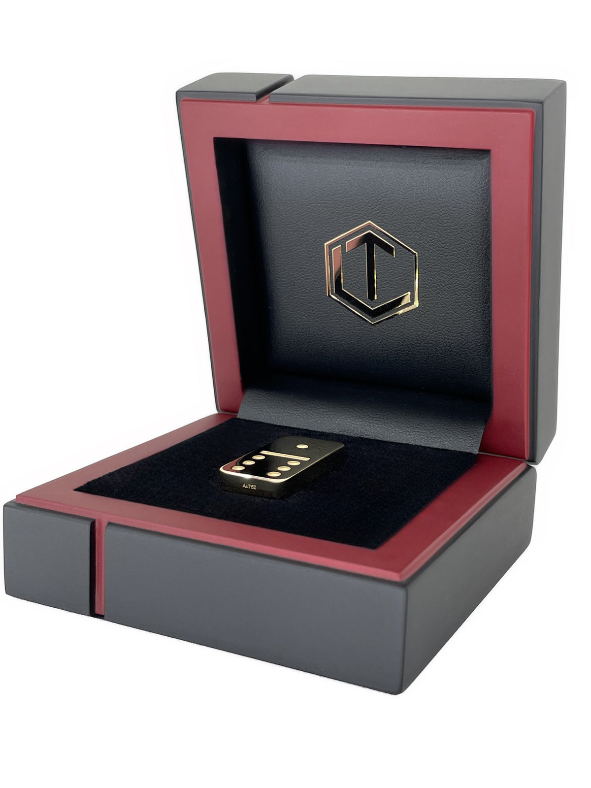 Solid 18-Karat Domino Tile in black case lying - Dominostein 18 Karat Gold liegend im Etui