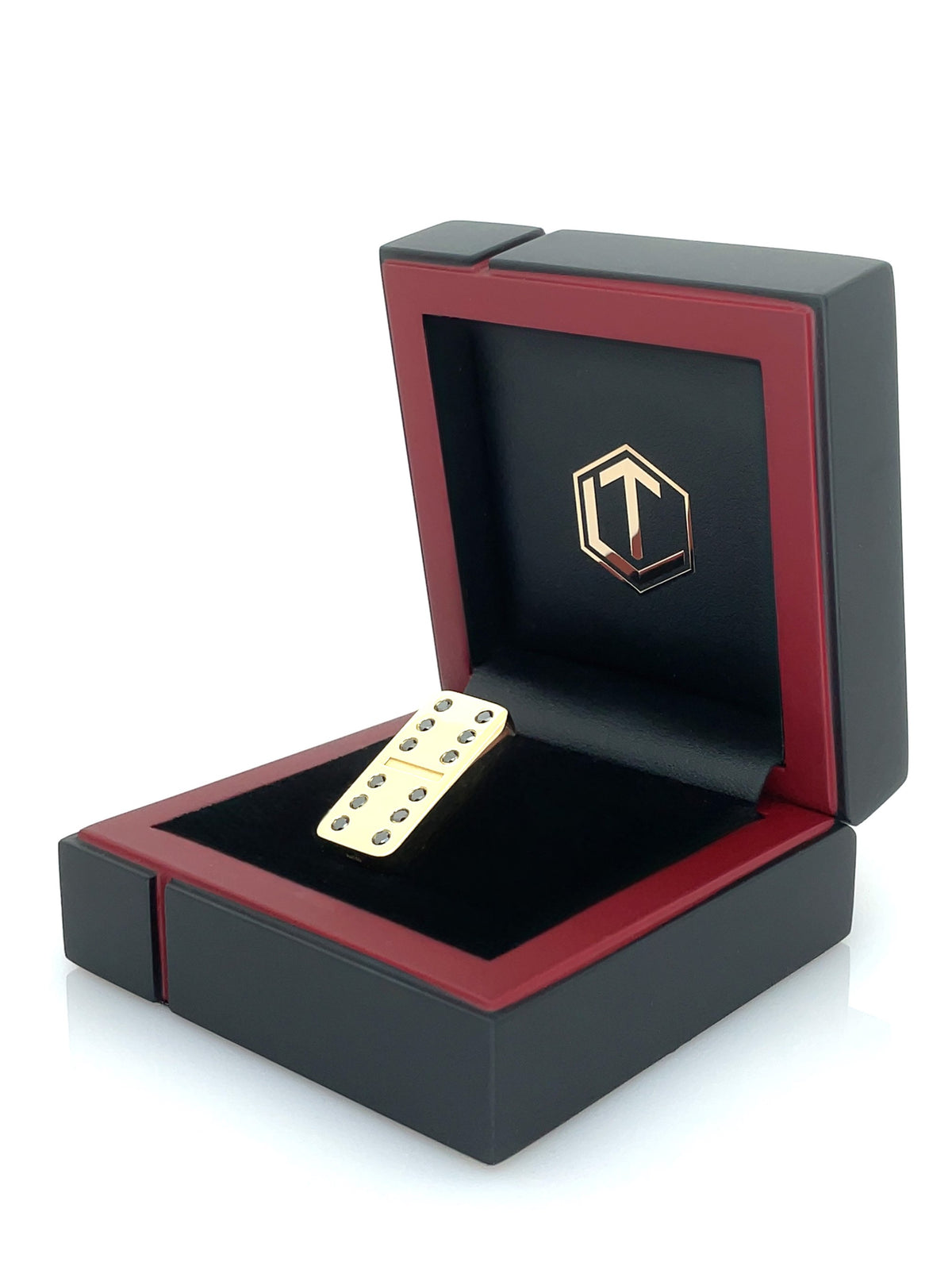 Solid 18-Karat Gold Domino Tile with Diamonds in black case - Dominostein 18 Karat Gold mit Diamanten im Etui